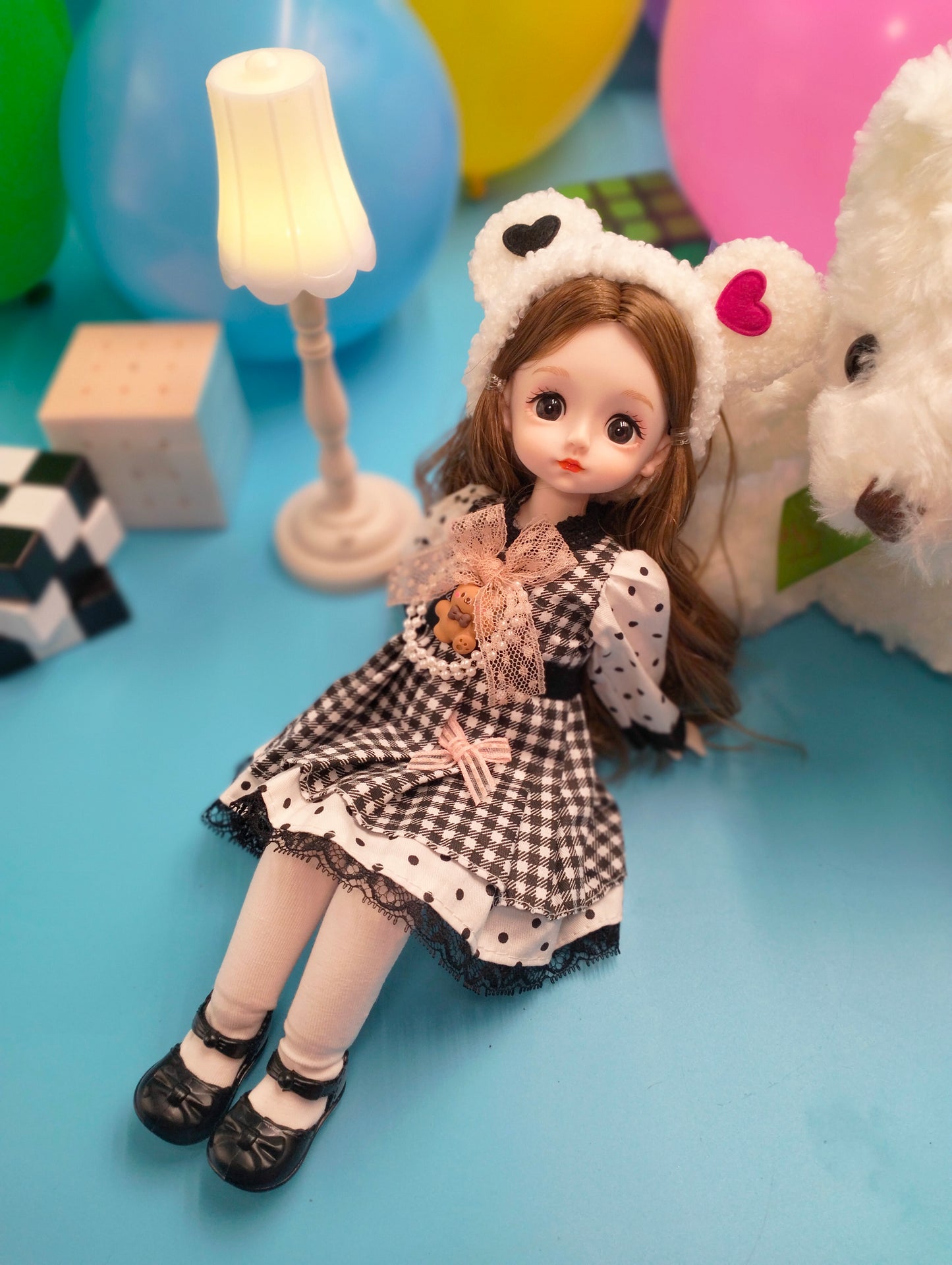 Cute brunette with bear hat 30cm BJD Doll
