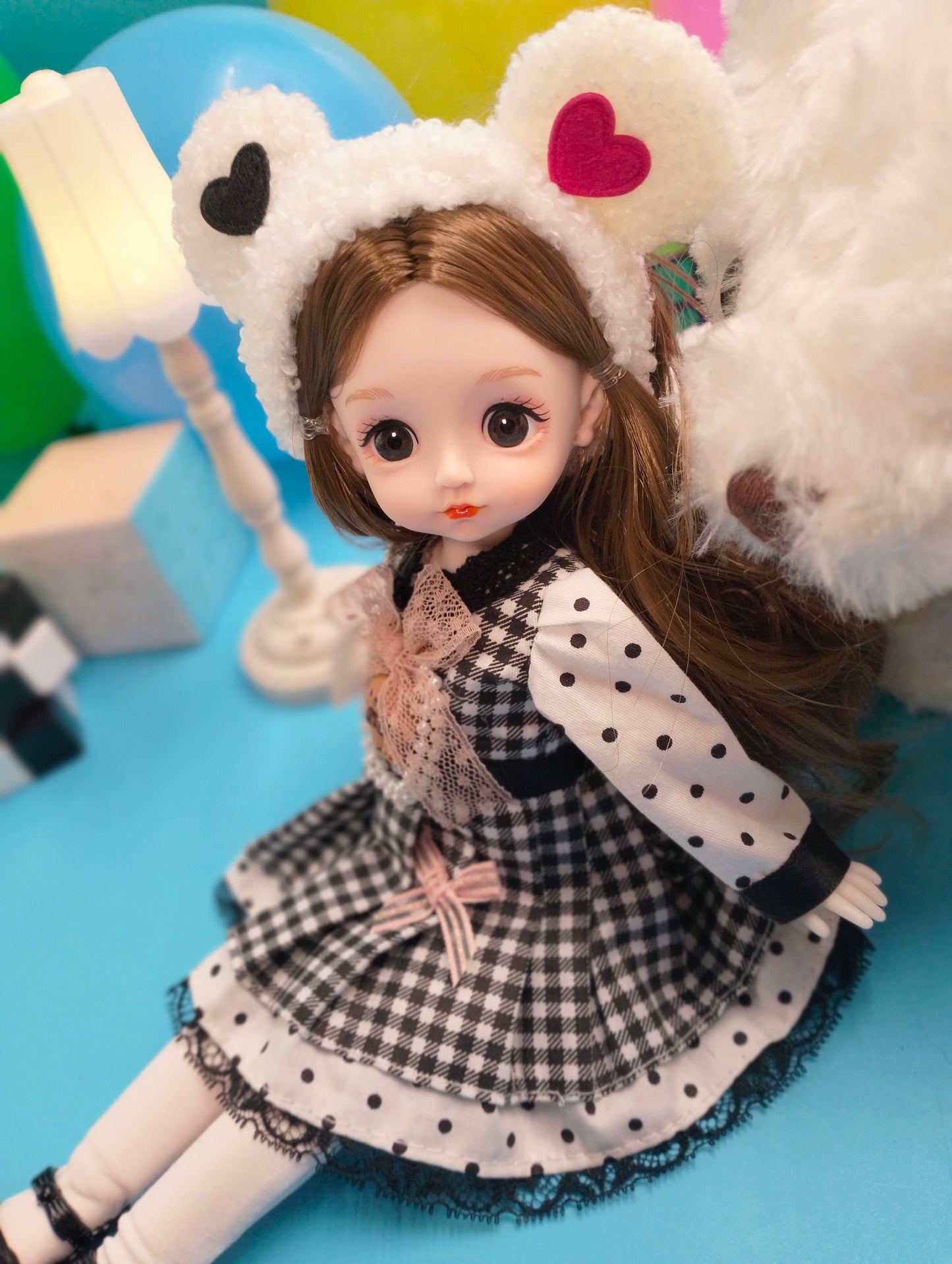 Cute brunette with bear hat 30cm BJD Doll