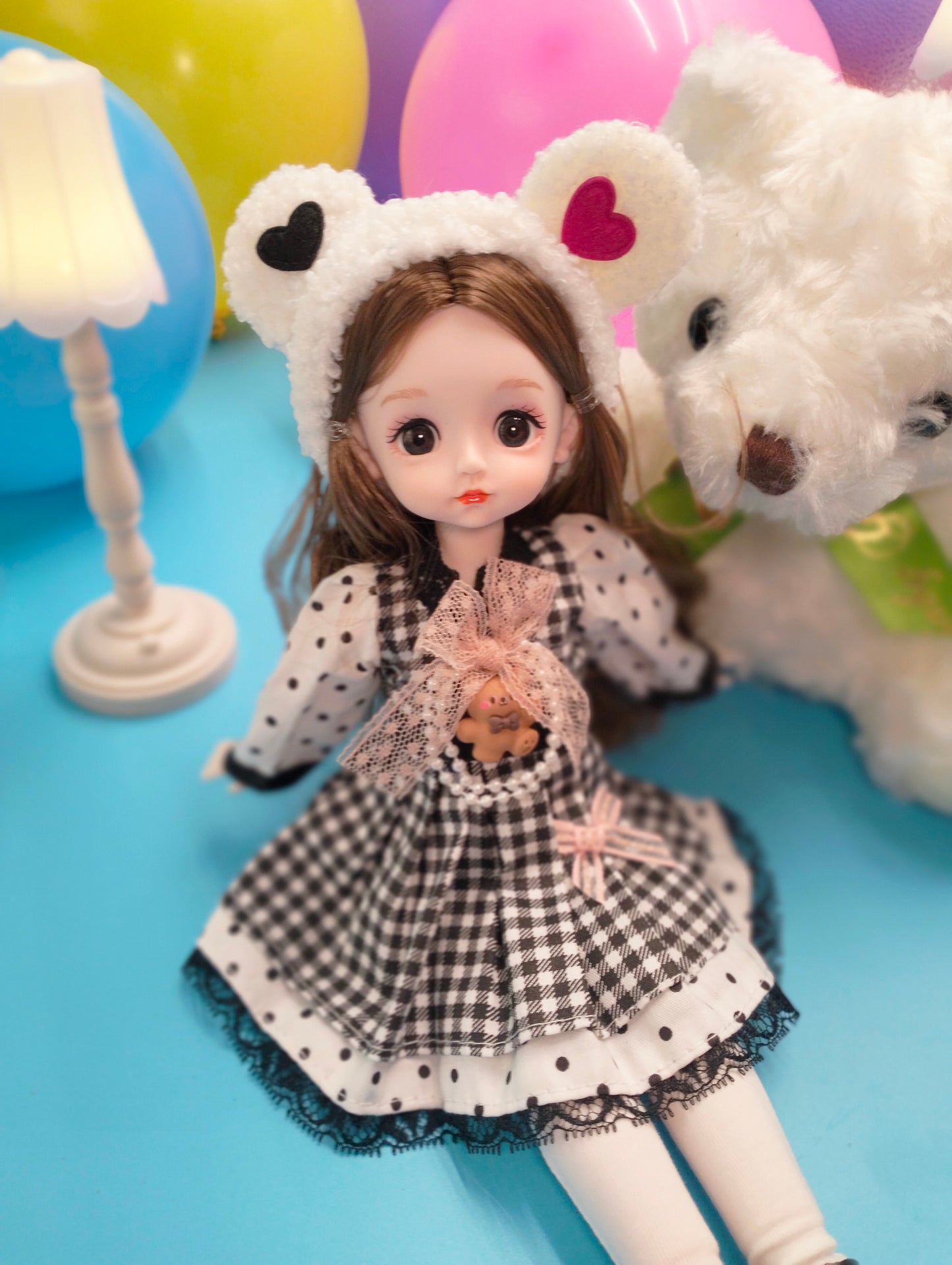 Cute brunette with bear hat 30cm BJD Doll