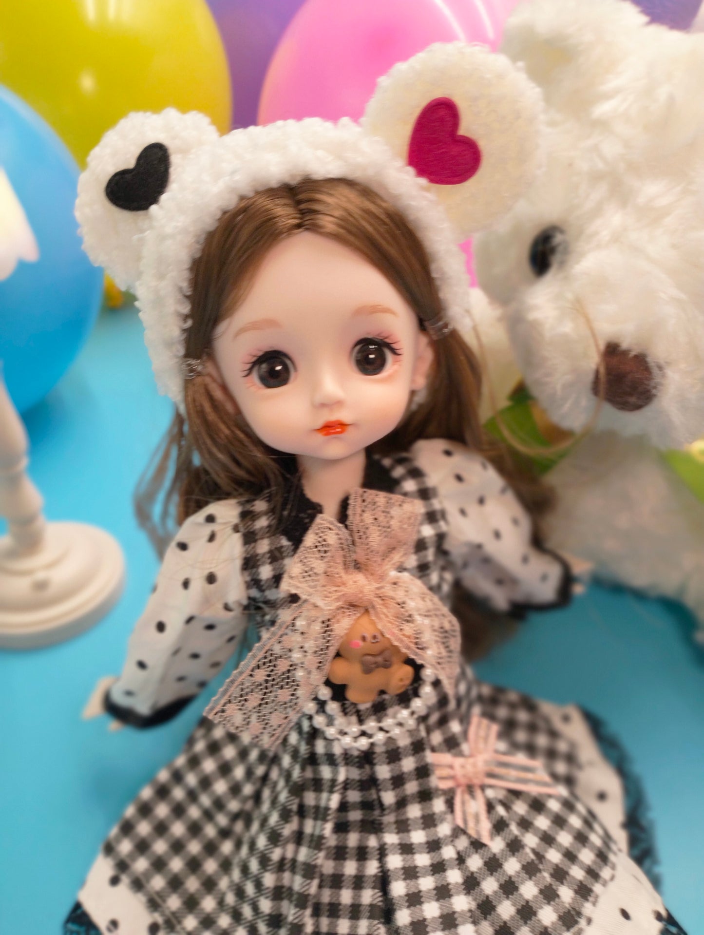 Cute brunette with bear hat 30cm BJD Doll
