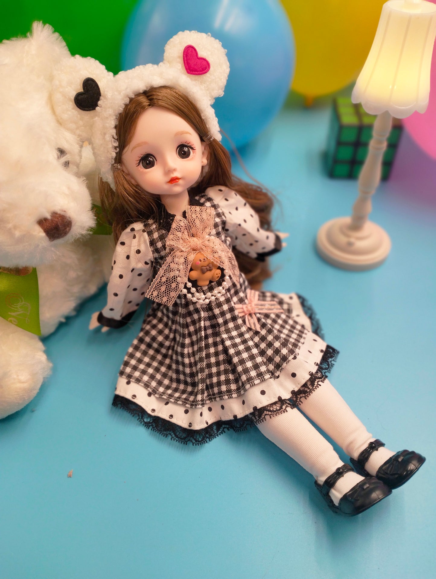Cute brunette with bear hat 30cm BJD Doll