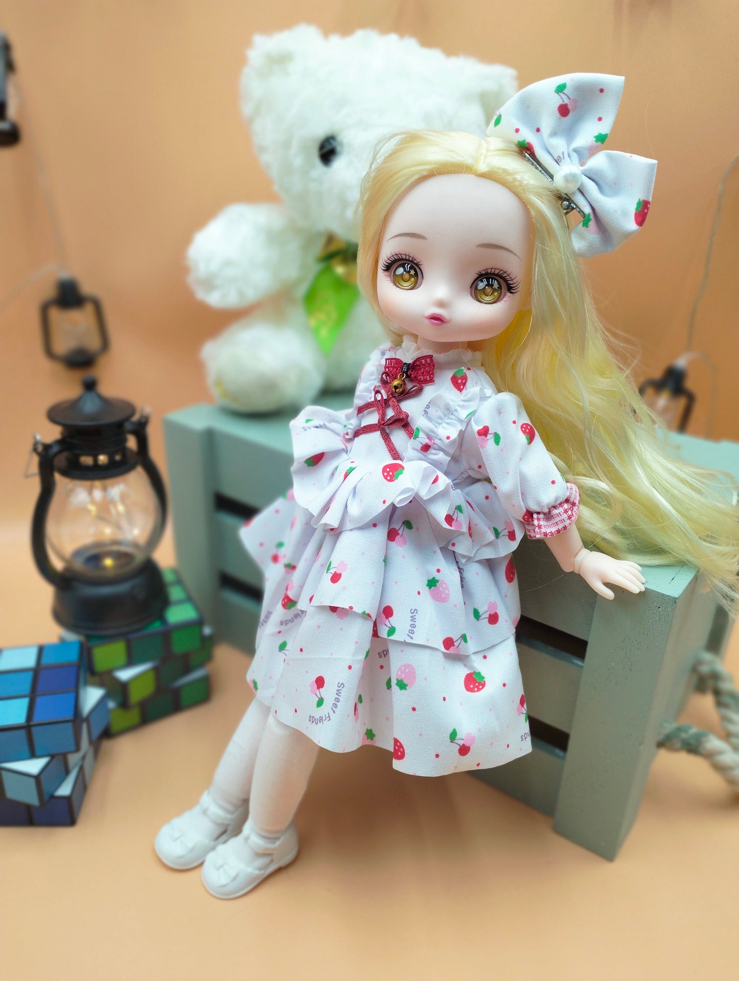 Anime Manga blonde girl with hazel eyes in floral dress 30cm BJD Doll