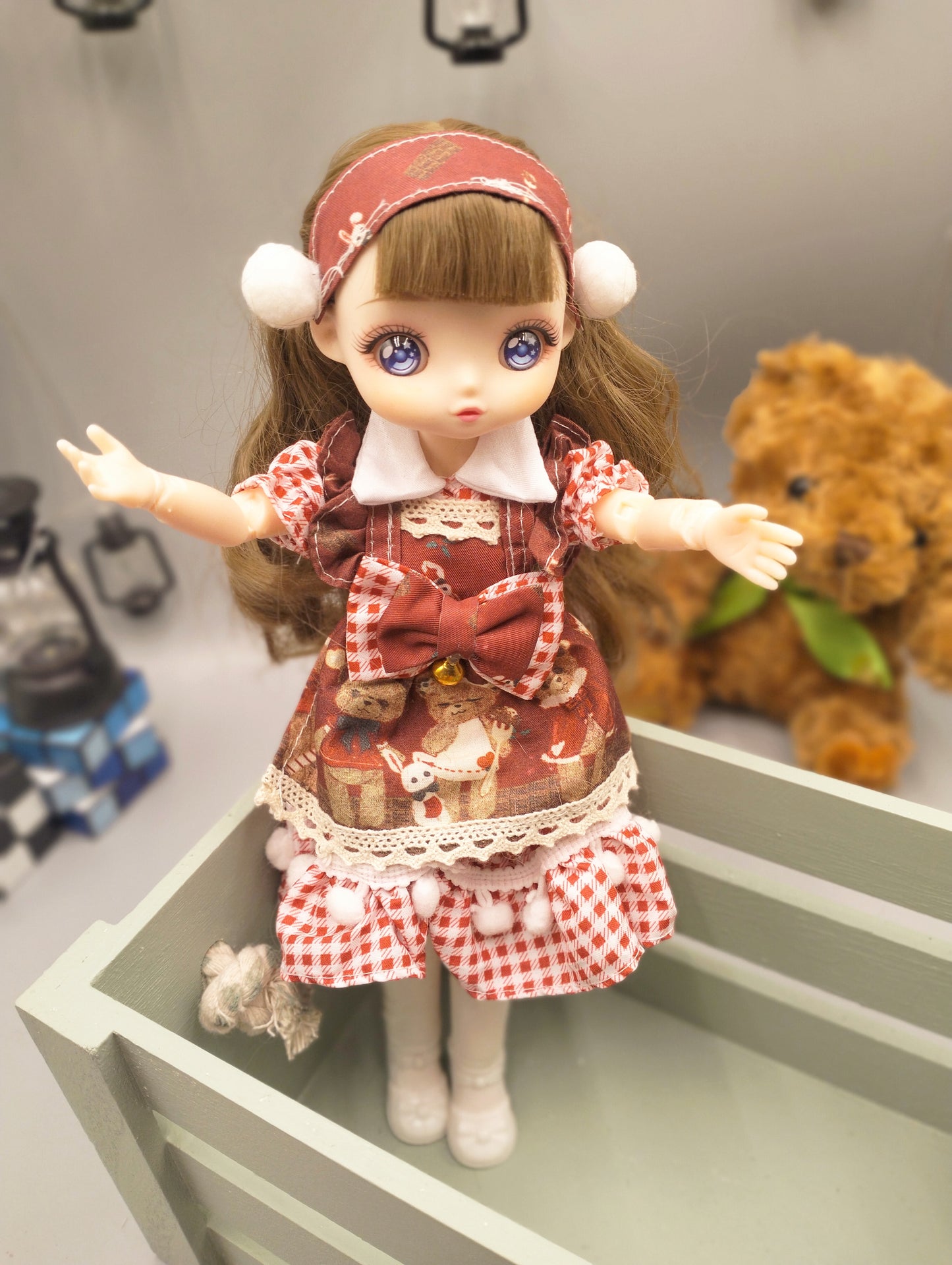 Anime Manga brunette girl in red dress 30cm BJD Doll