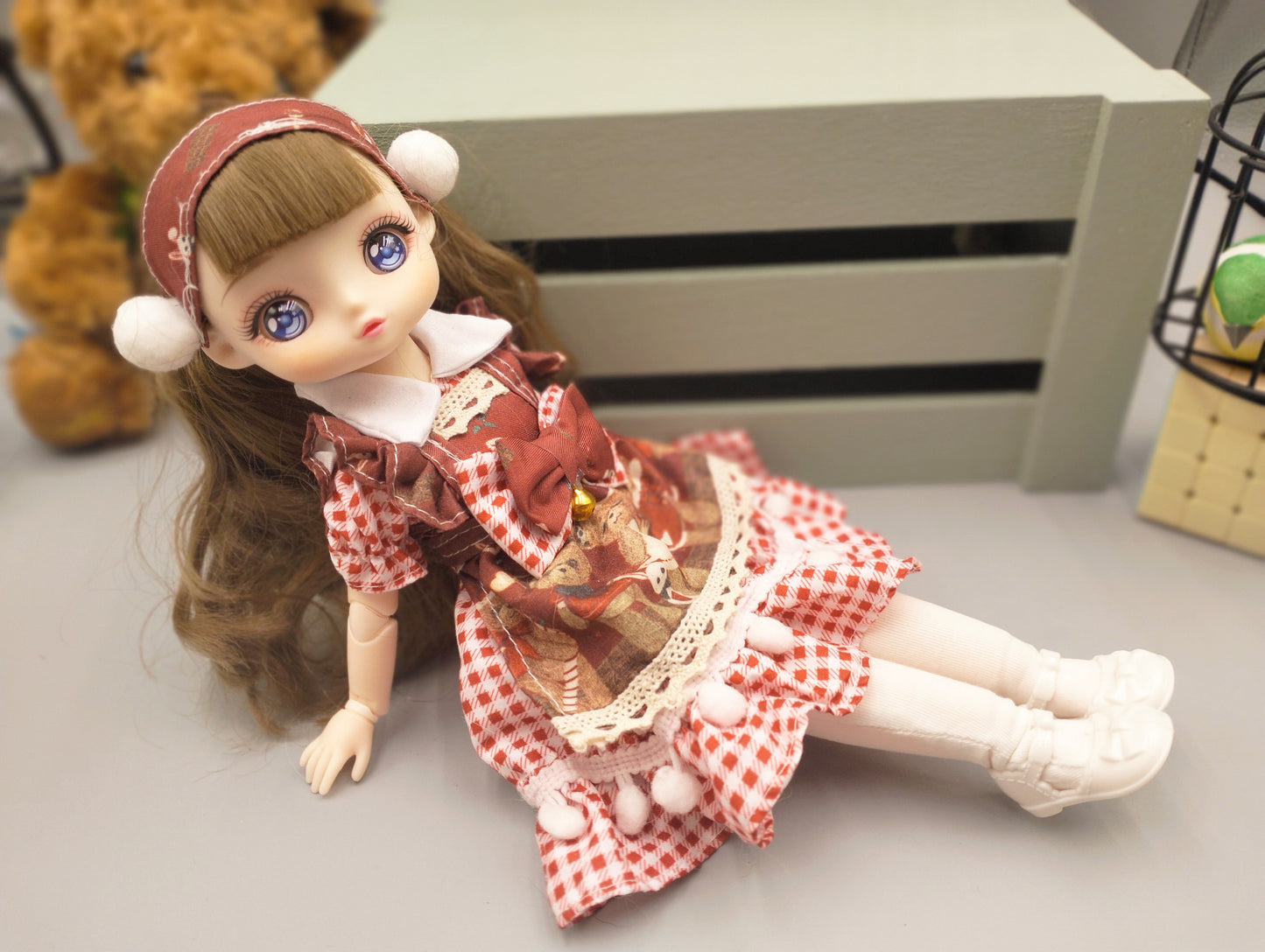 Anime Manga brunette girl in red dress 30cm BJD Doll