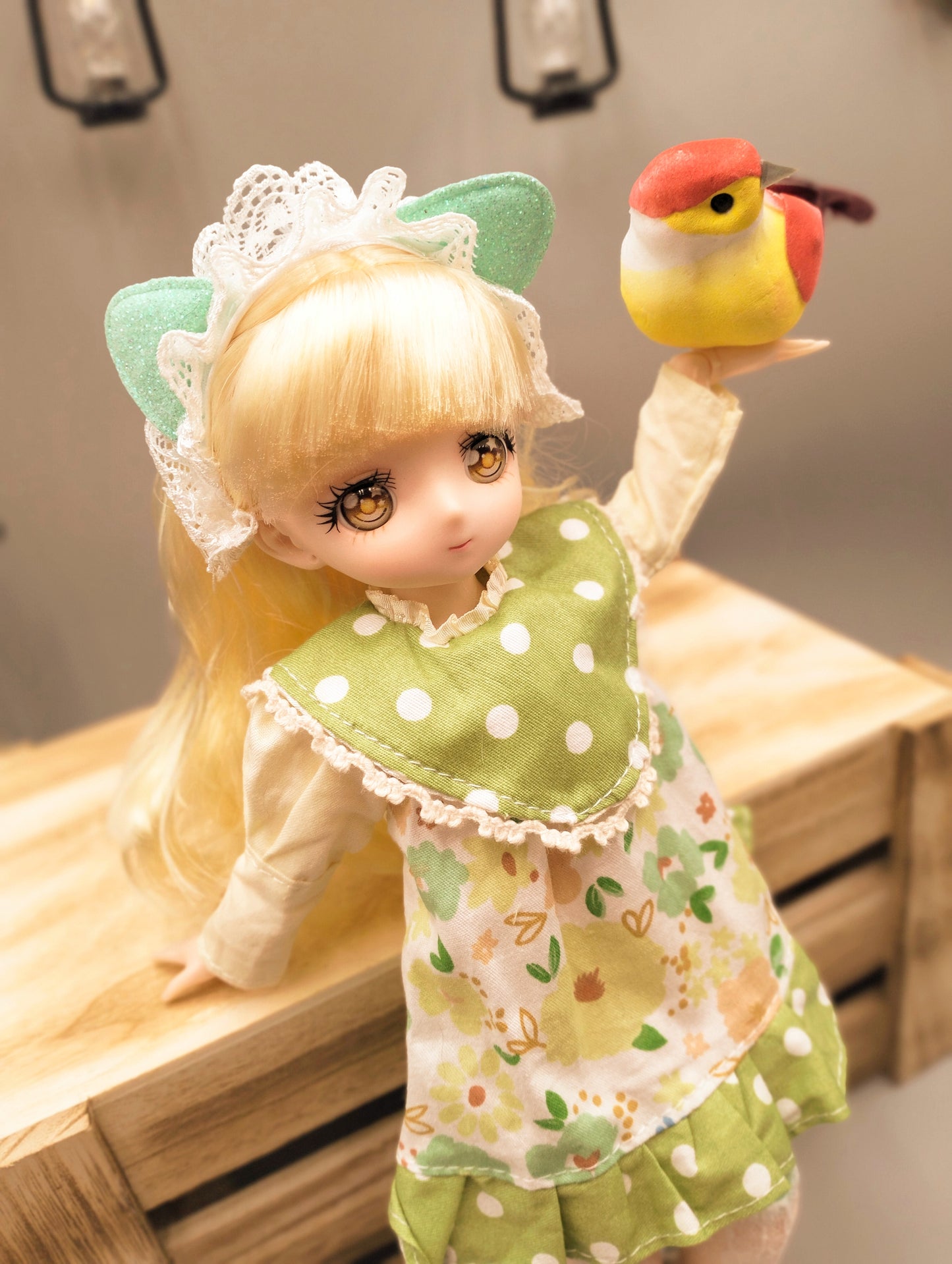 Anime Manga blonde girl with hazel eyes in green dress 30cm BJD doll