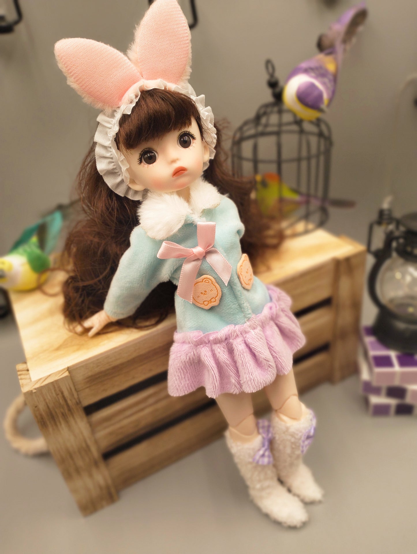 Brunette cutie with bunny ears 30cm BJD Doll