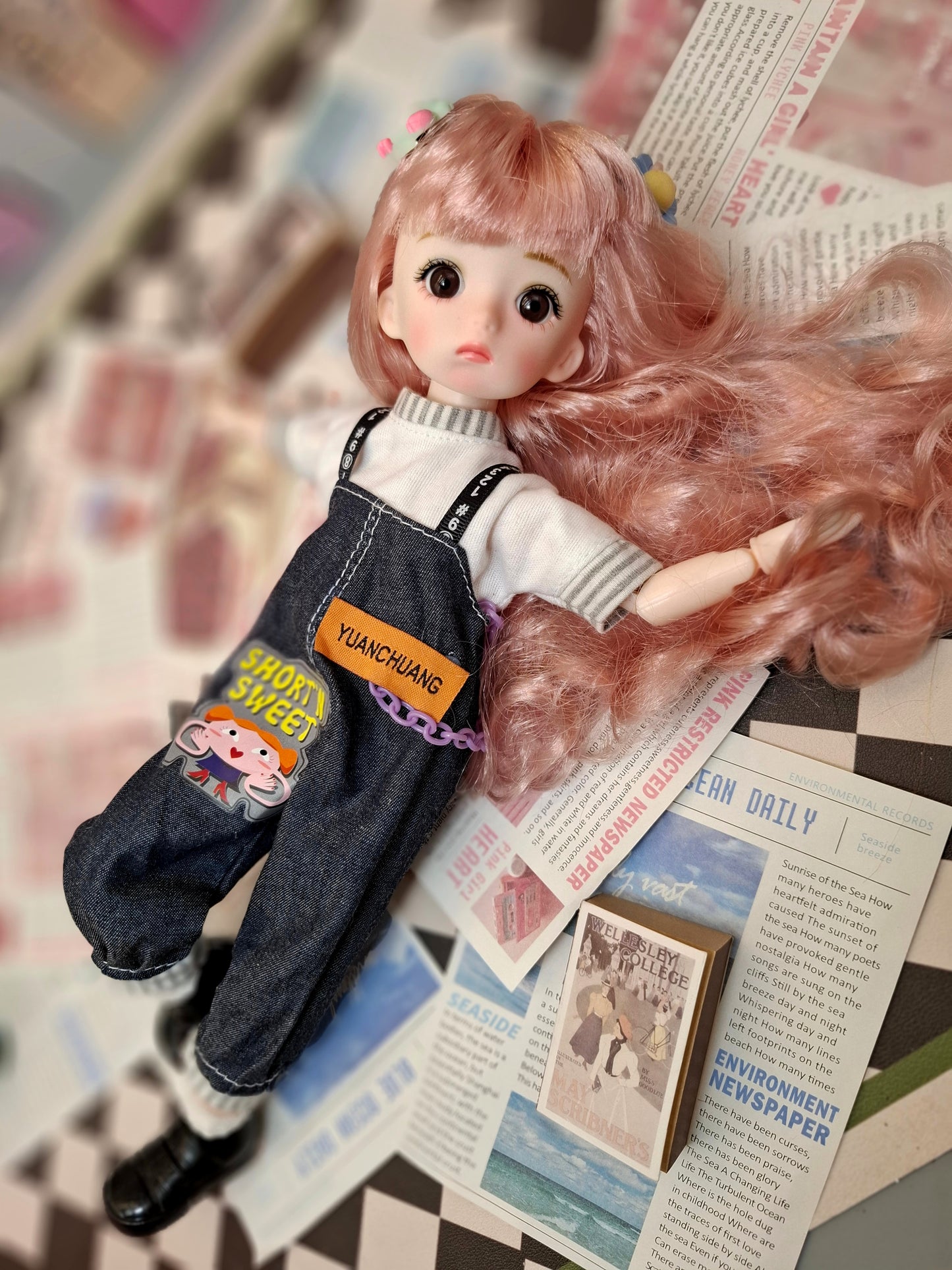 Pink hair cutie in blue jeans overall 30cm BJD doll