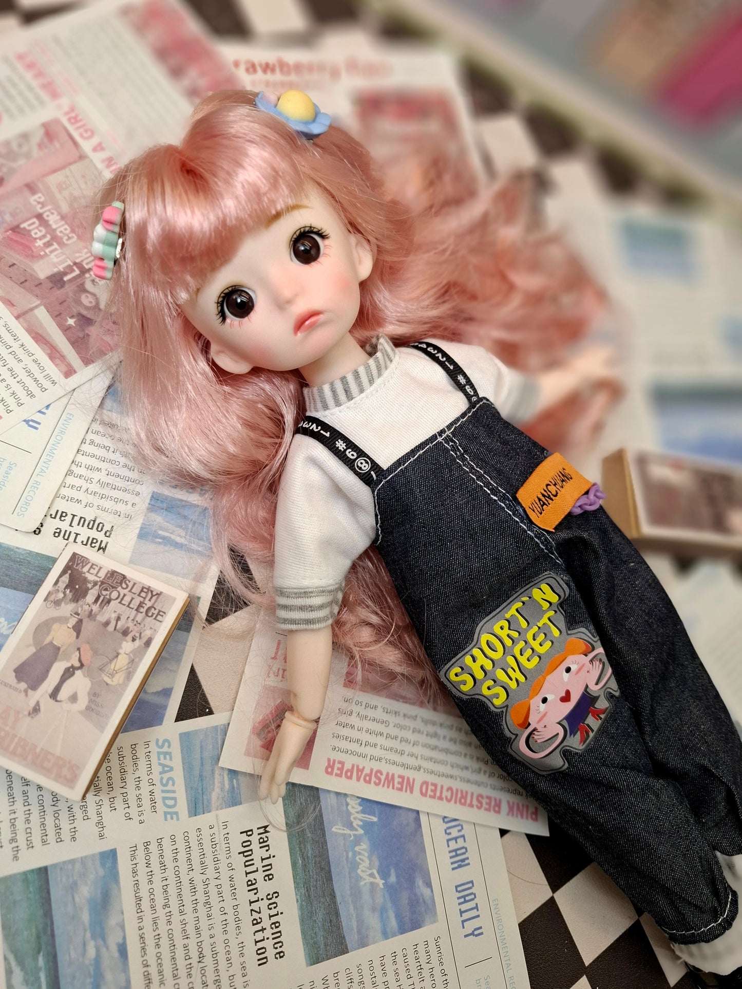 Pink hair cutie in blue jeans overall 30cm BJD doll