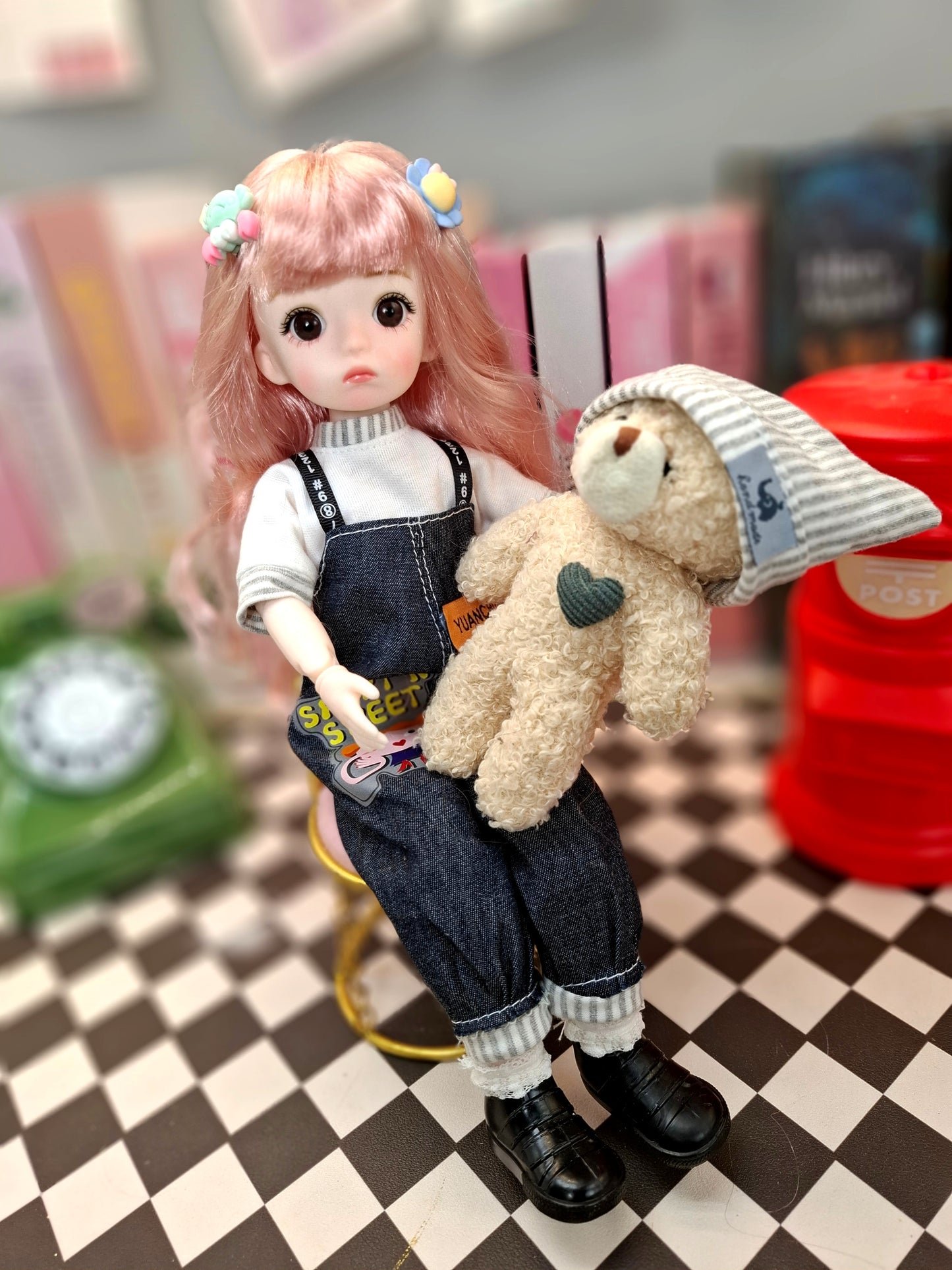 Pink hair cutie in blue jeans overall 30cm BJD doll