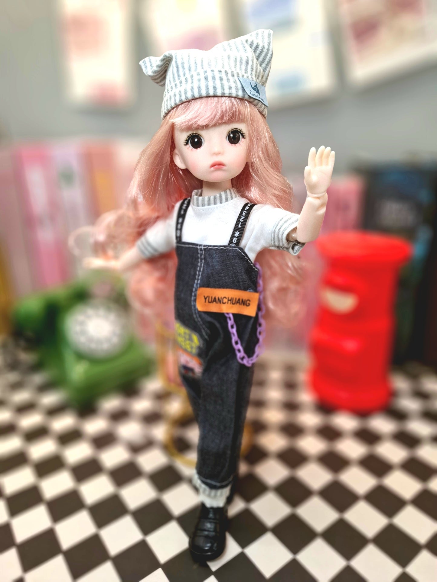 Pink hair cutie in blue jeans overall 30cm BJD doll