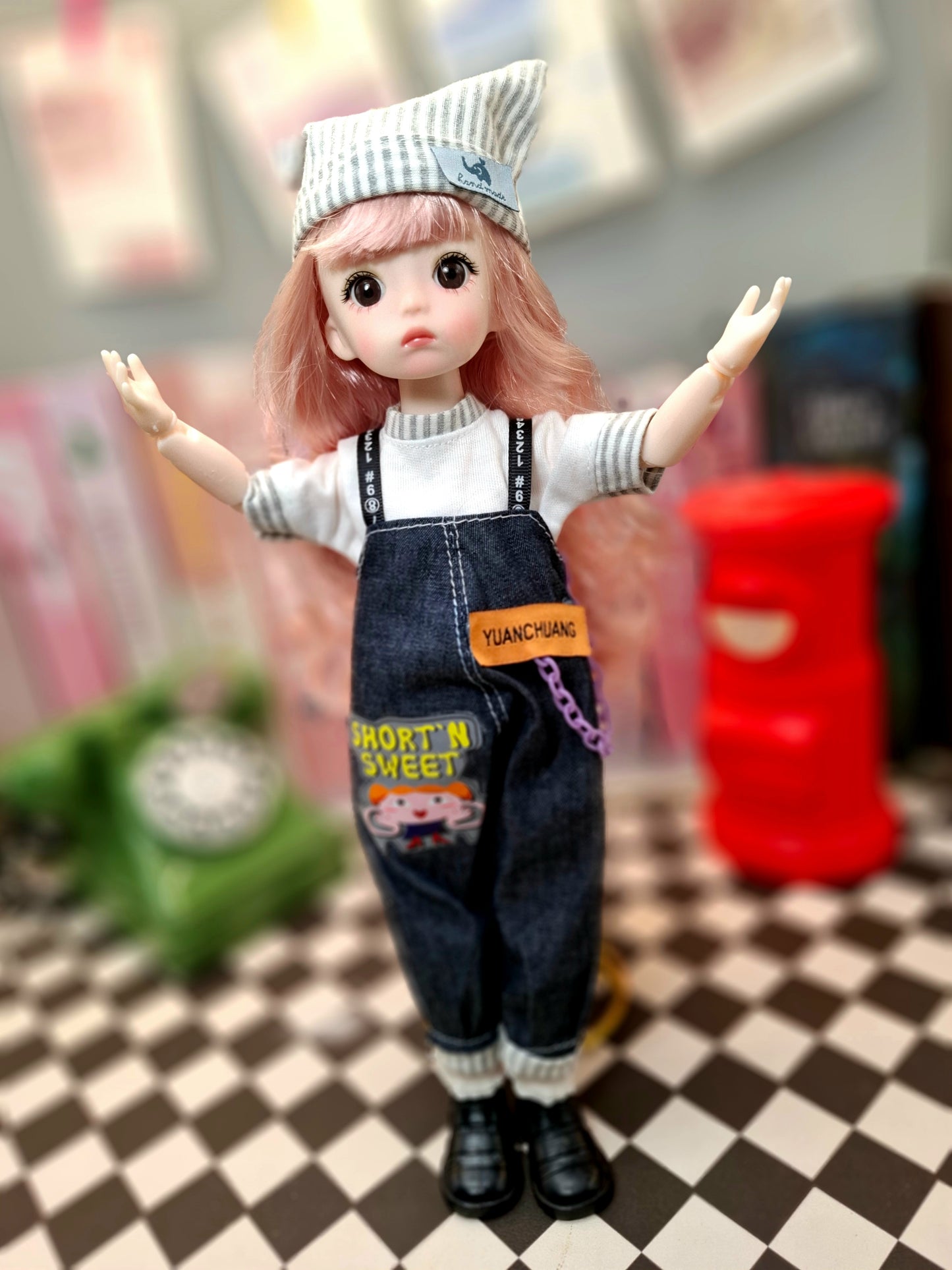 Pink hair cutie in blue jeans overall 30cm BJD doll