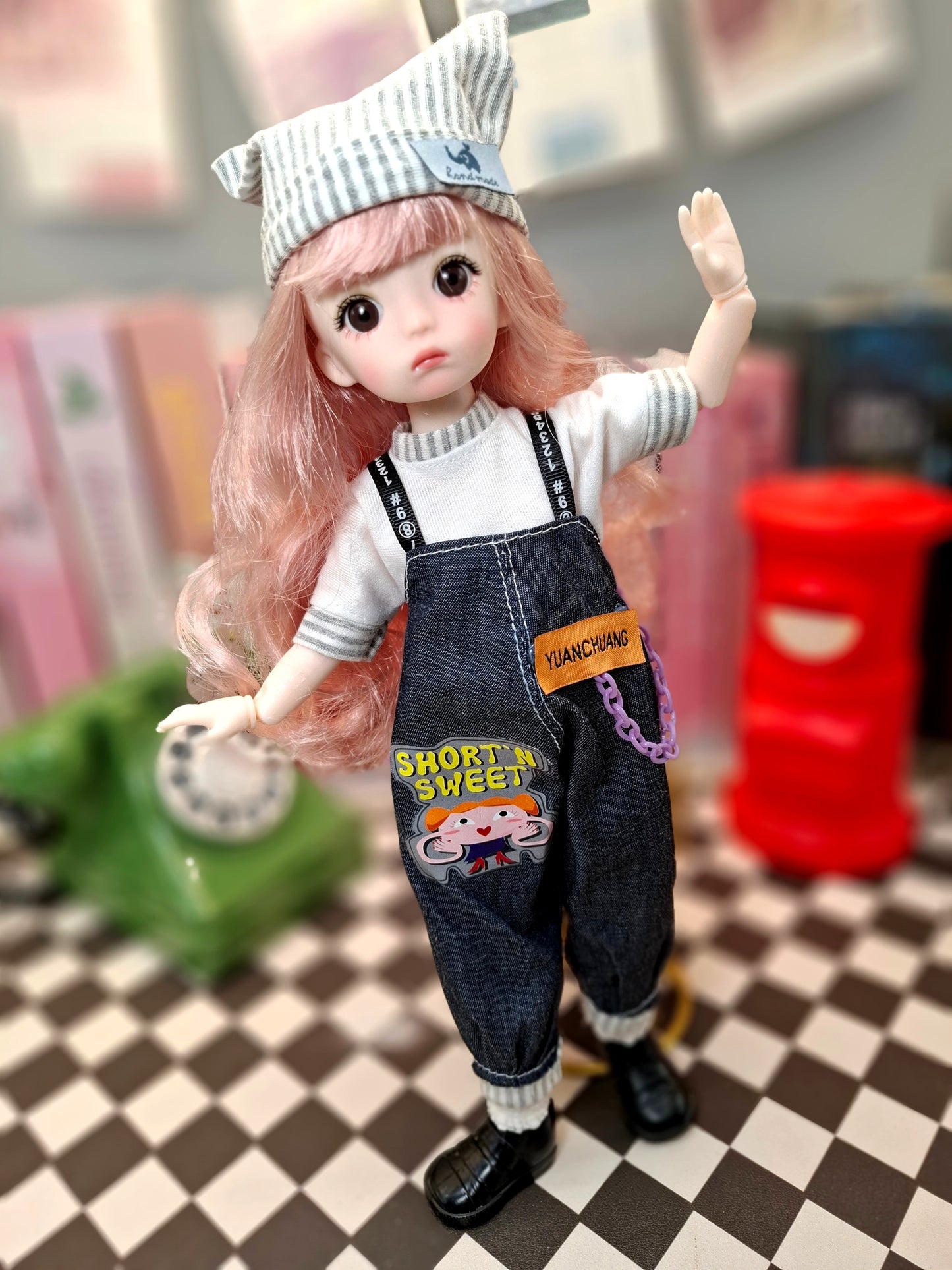 Pink hair cutie in blue jeans overall 30cm BJD doll