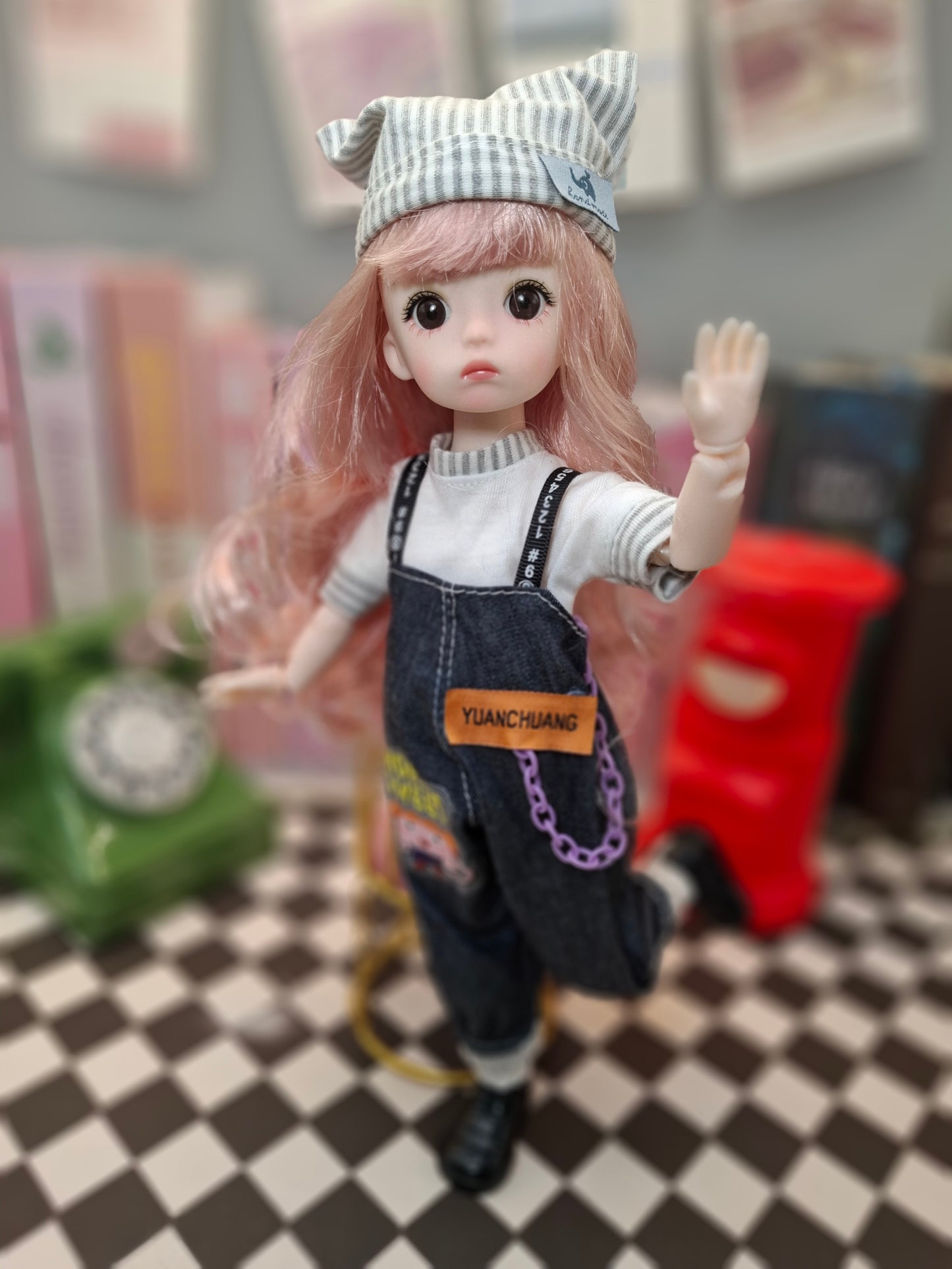 Pink hair cutie in blue jeans overall 30cm BJD doll