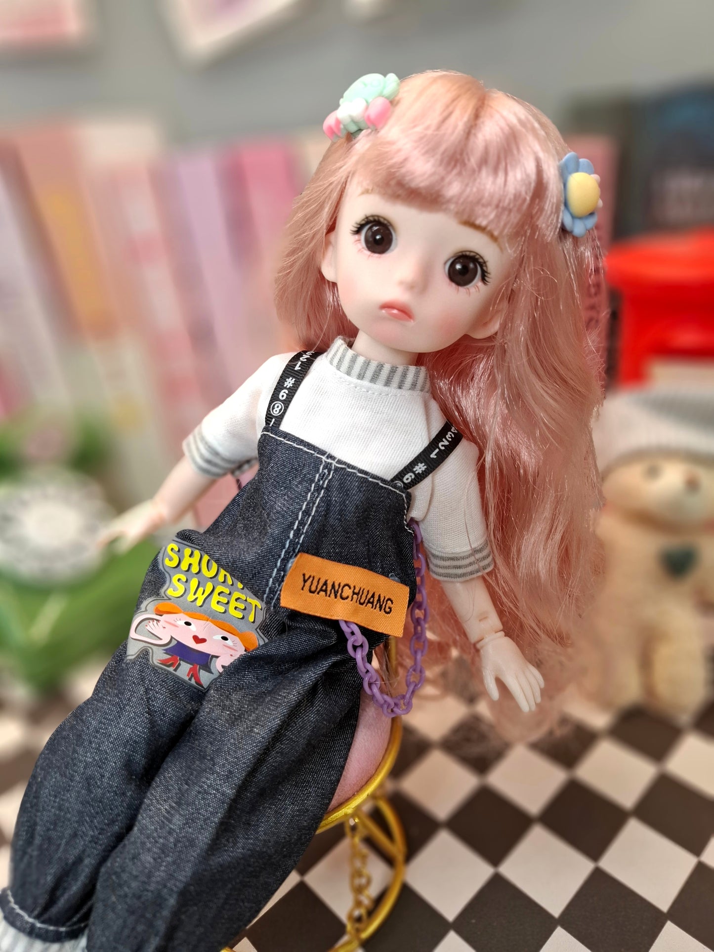 Pink hair cutie in blue jeans overall 30cm BJD doll