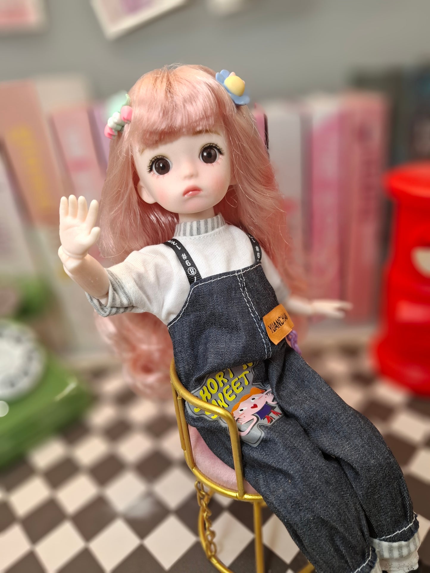 Pink hair cutie in blue jeans overall 30cm BJD doll