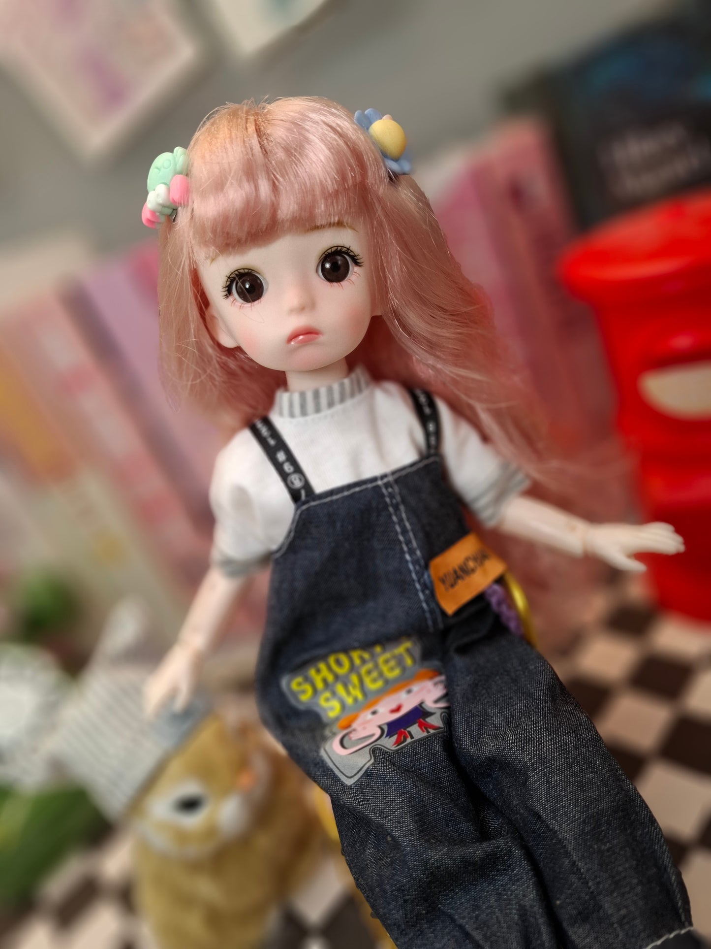 Pink hair cutie in blue jeans overall 30cm BJD doll