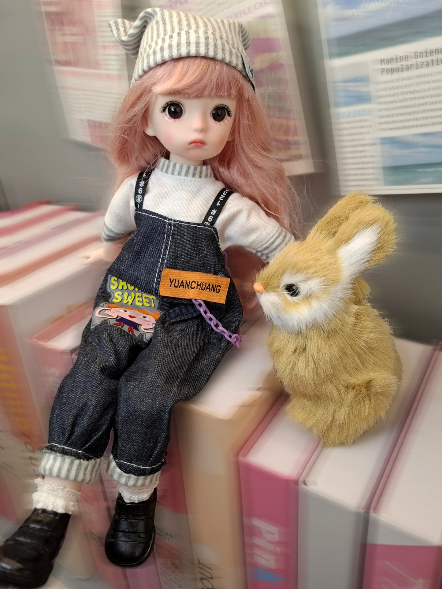 Pink hair cutie in blue jeans overall 30cm BJD doll