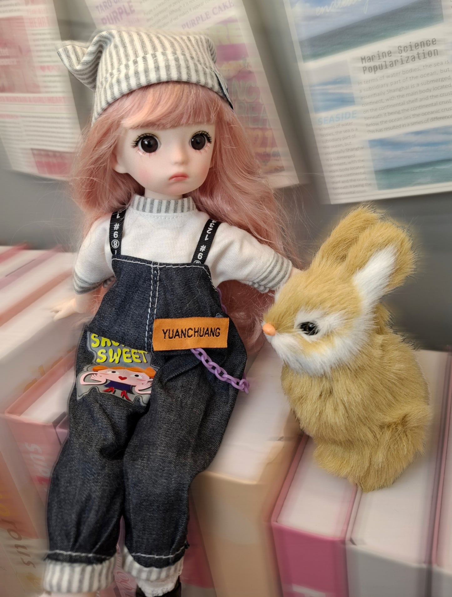 Pink hair cutie in blue jeans overall 30cm BJD doll