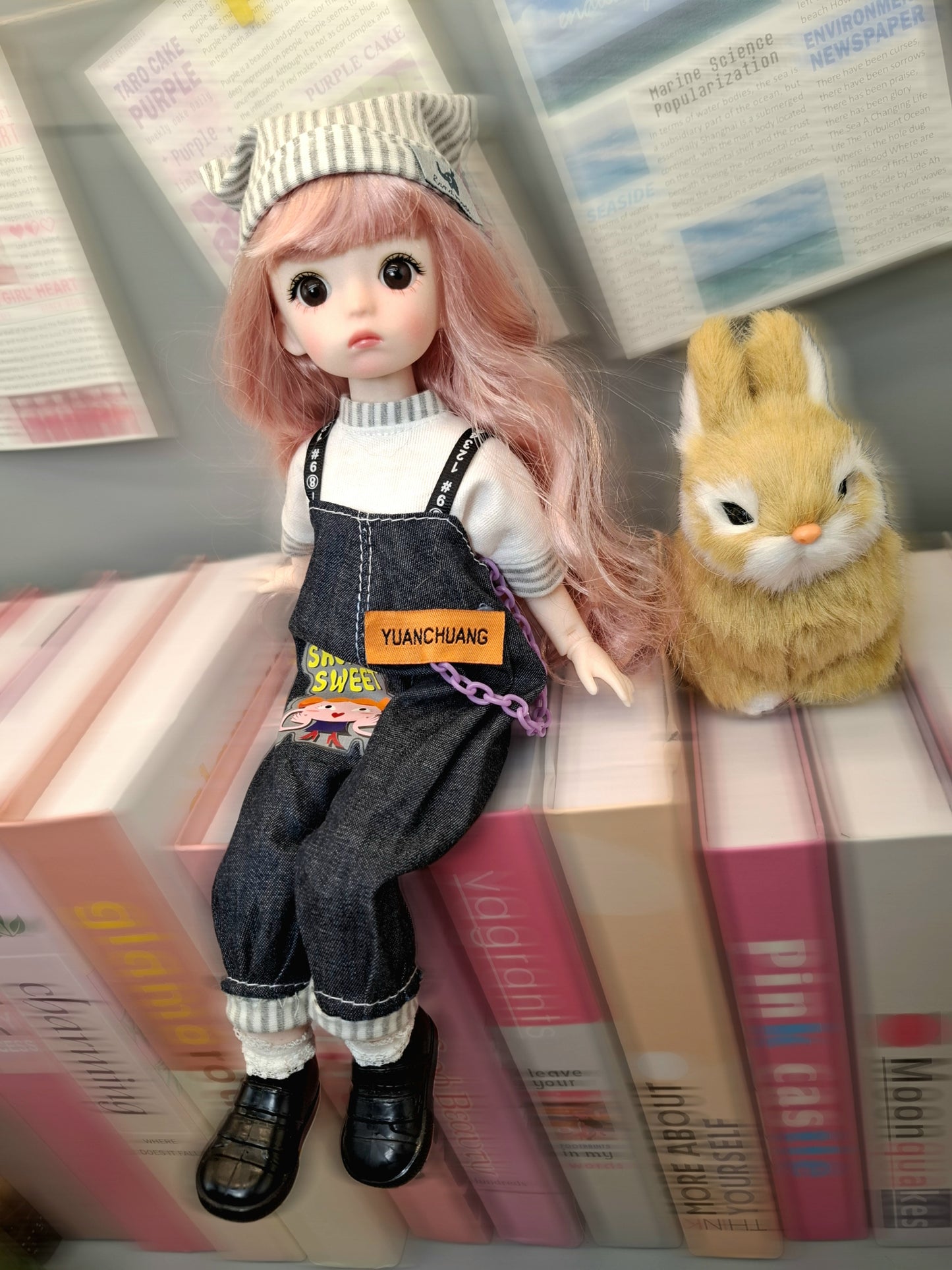 Pink hair cutie in blue jeans overall 30cm BJD doll