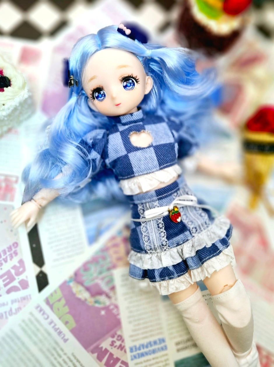 Blue Hair Anime Manga Doll in Blue Jeans 30cm BJD Doll