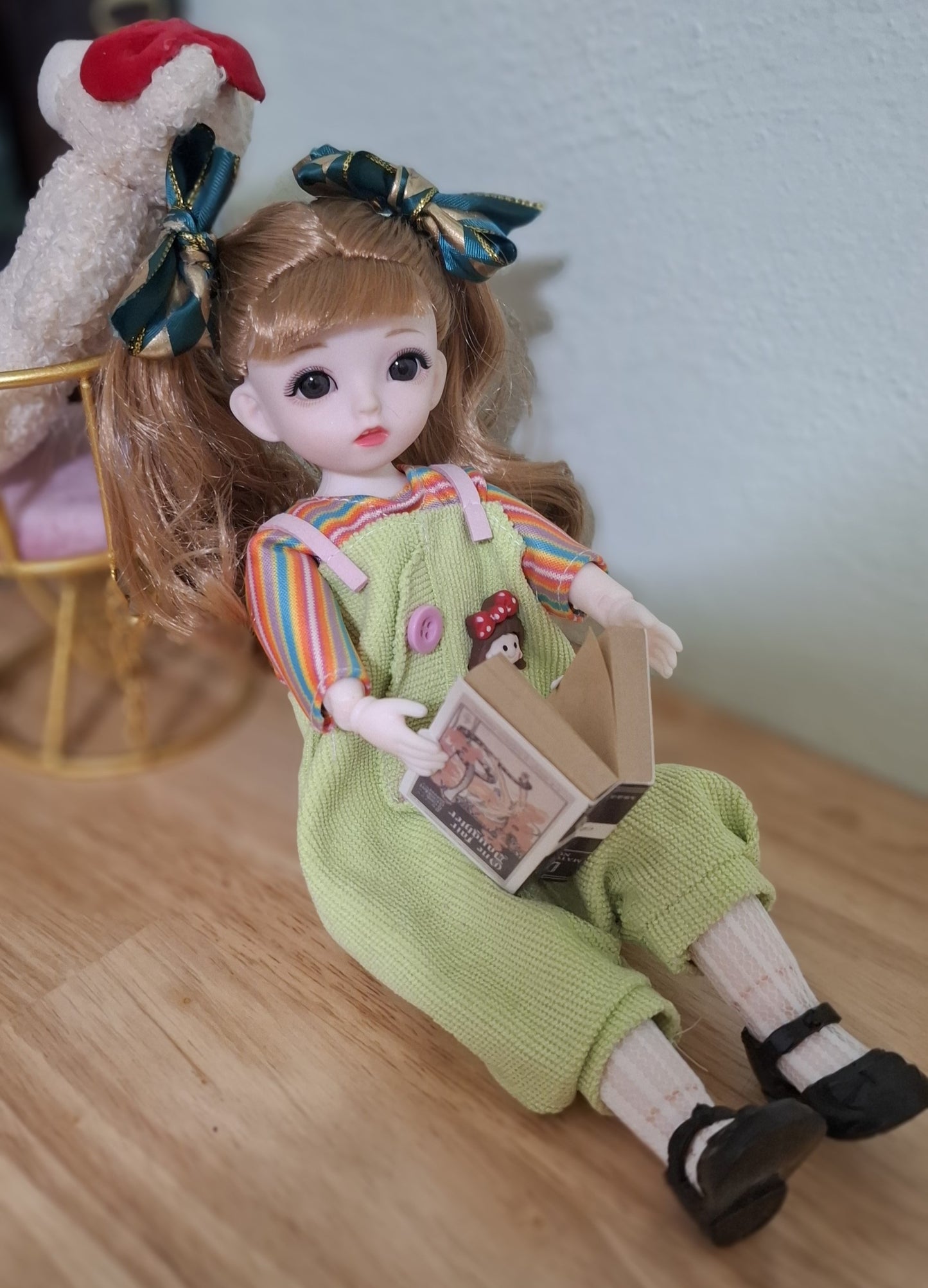 Double ponytails golden blonde girl in green overall 30cm BJD Doll