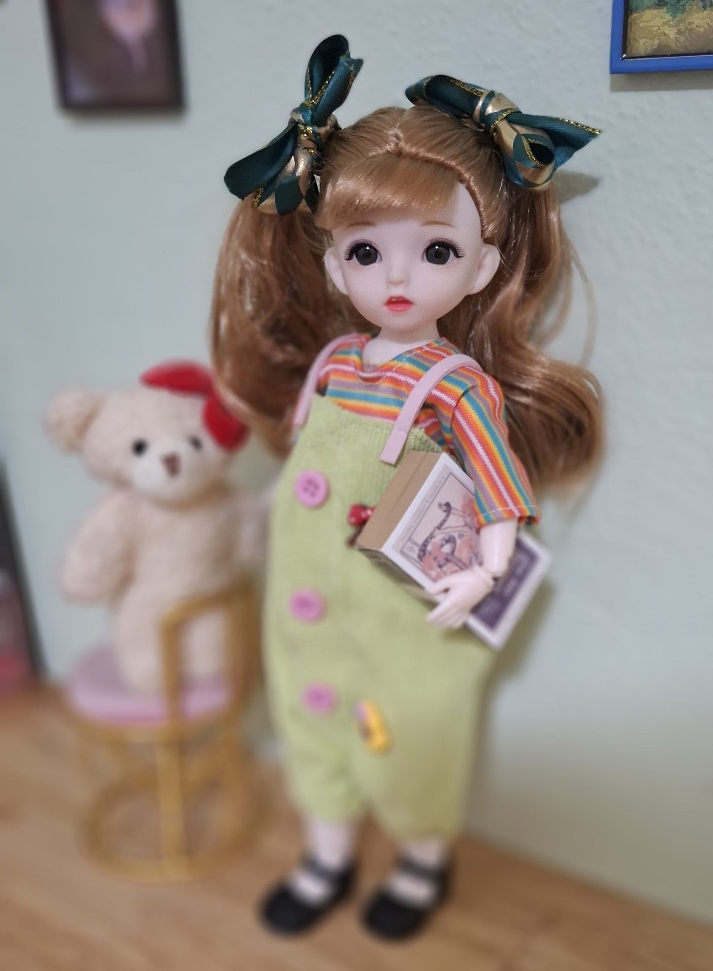 Double ponytails golden blonde girl in green overall 30cm BJD Doll