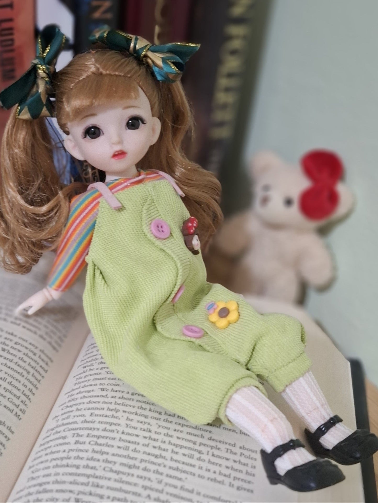 Double ponytails golden blonde girl in green overall 30cm BJD Doll