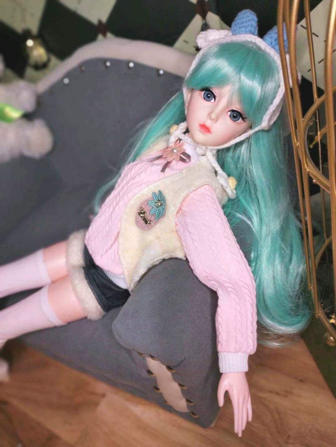Mint Hair Girl in Pink Cardigan Top Jeans Shorts 1/3 60cm BJD Doll