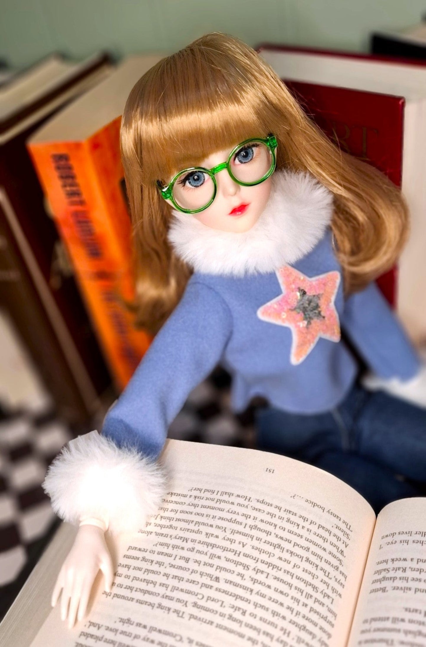 Nostalgic Golden Blonde Girl in Flared Blue Jeans with Vintage Glasses 1/3 60cm BJD Doll