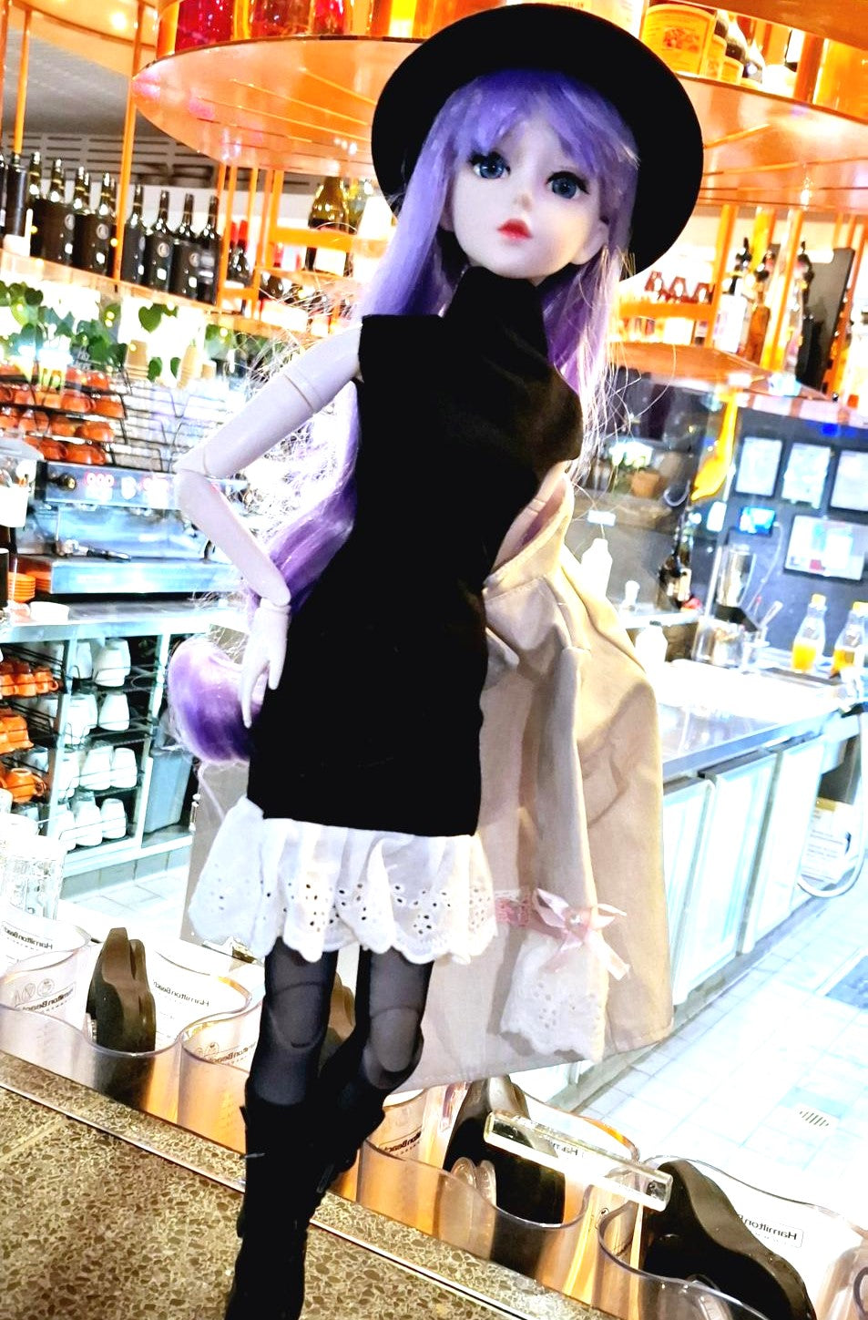 The purple hair city girl in black hat 60cm BJD Doll