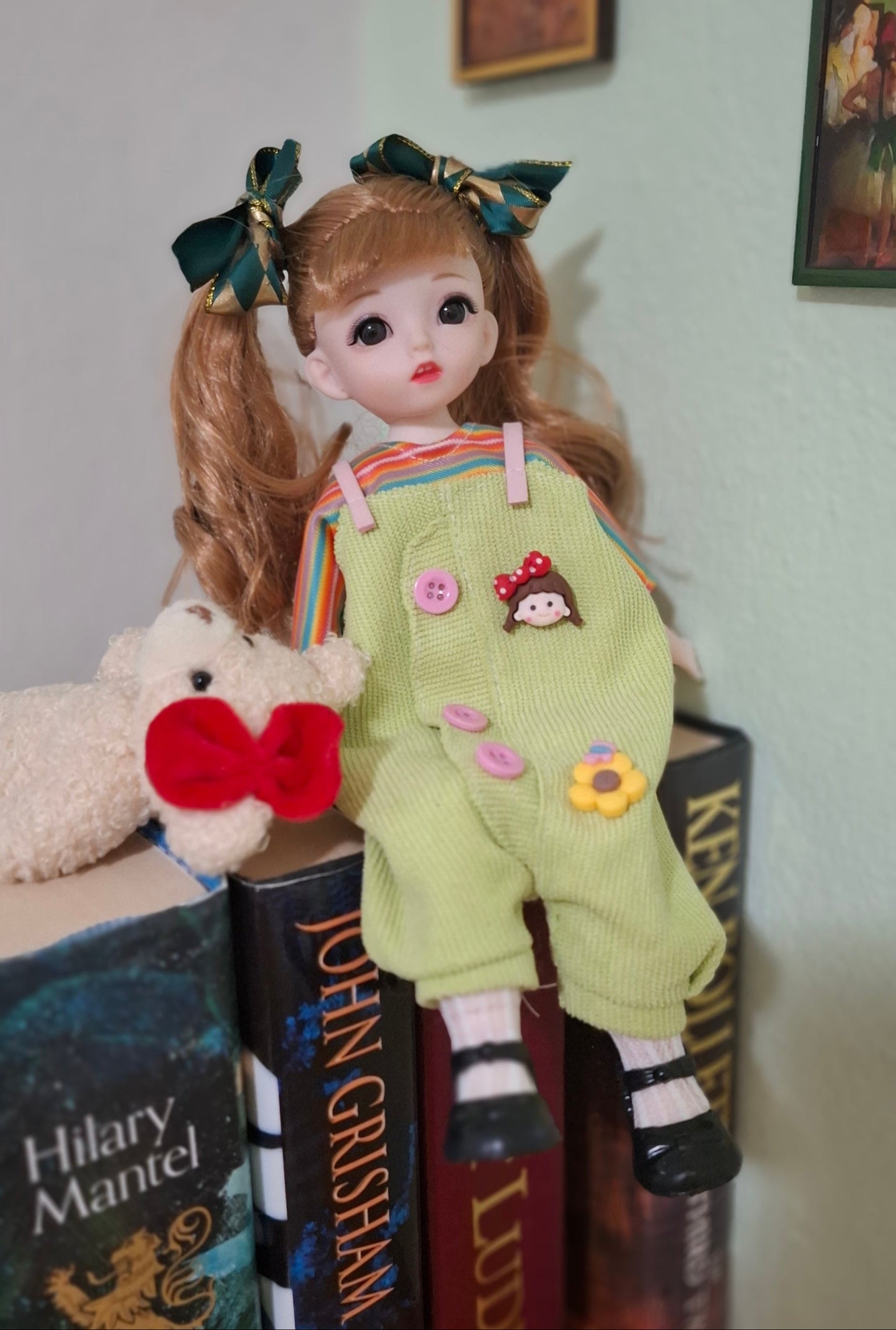 Double ponytails golden blonde girl in green overall 30cm BJD Doll
