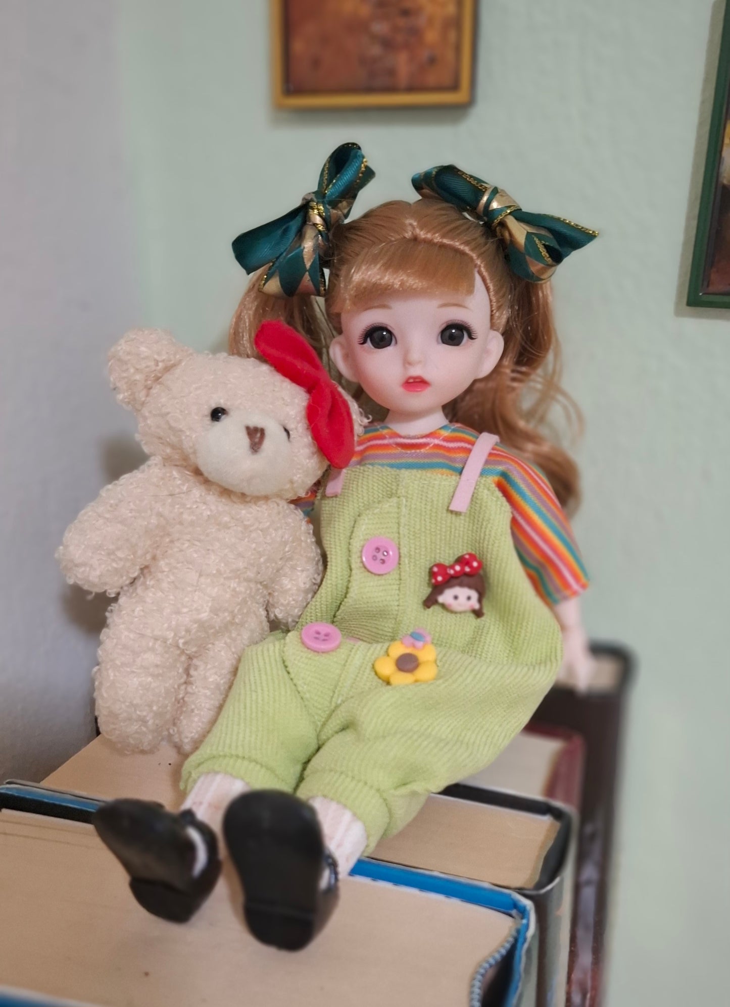 Double ponytails golden blonde girl in green overall 30cm BJD Doll