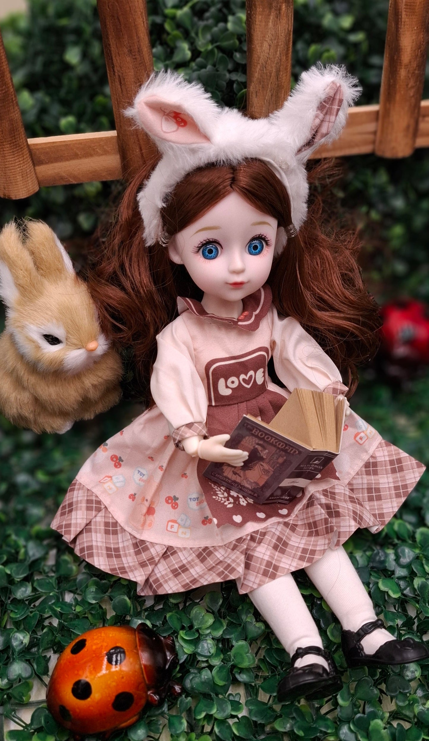 Brunette cottage girl with bunny's ears 30cm BJD Doll