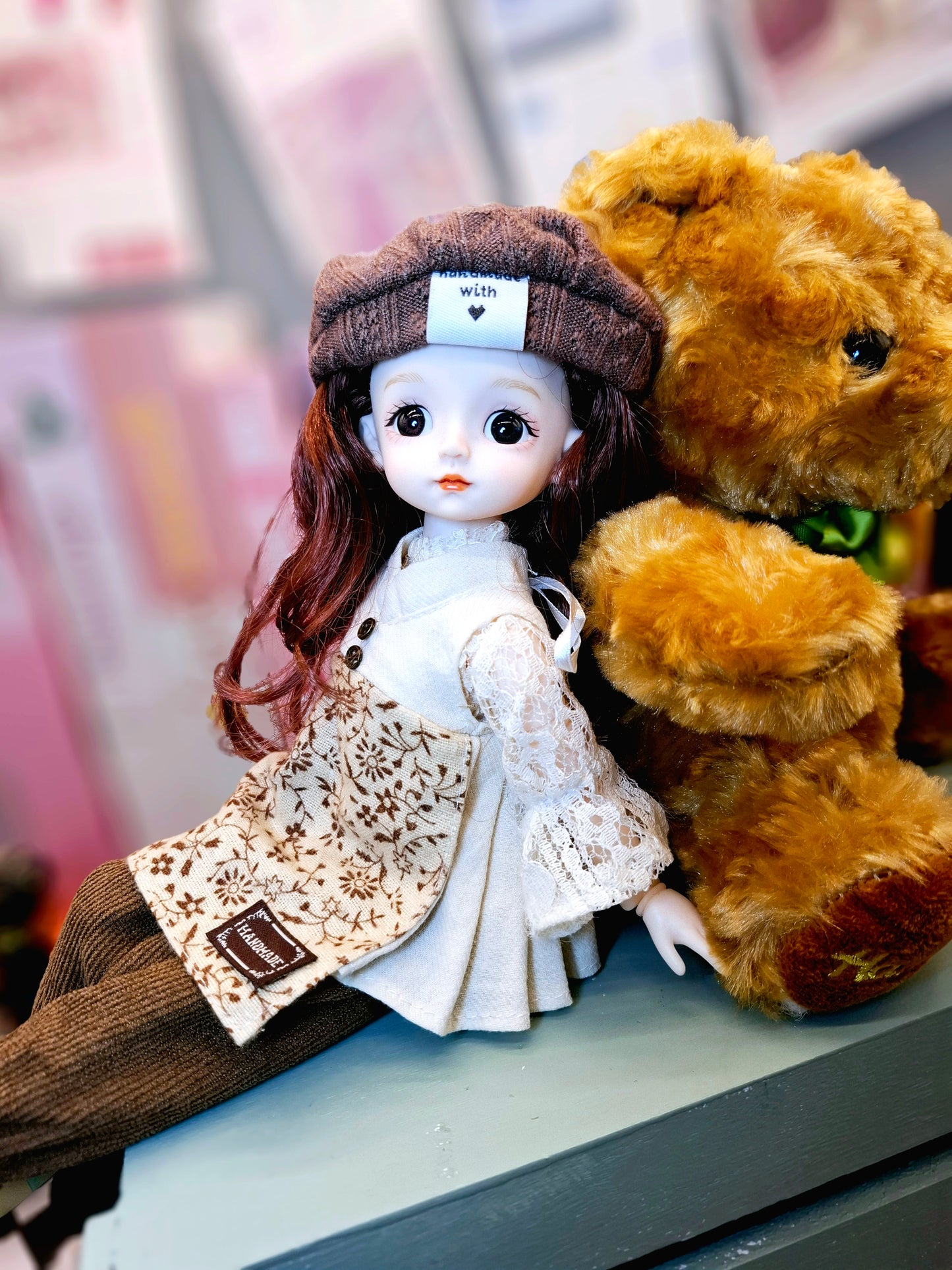 Lovely brunette girl in vintage style cotton suit 30cm BJD doll