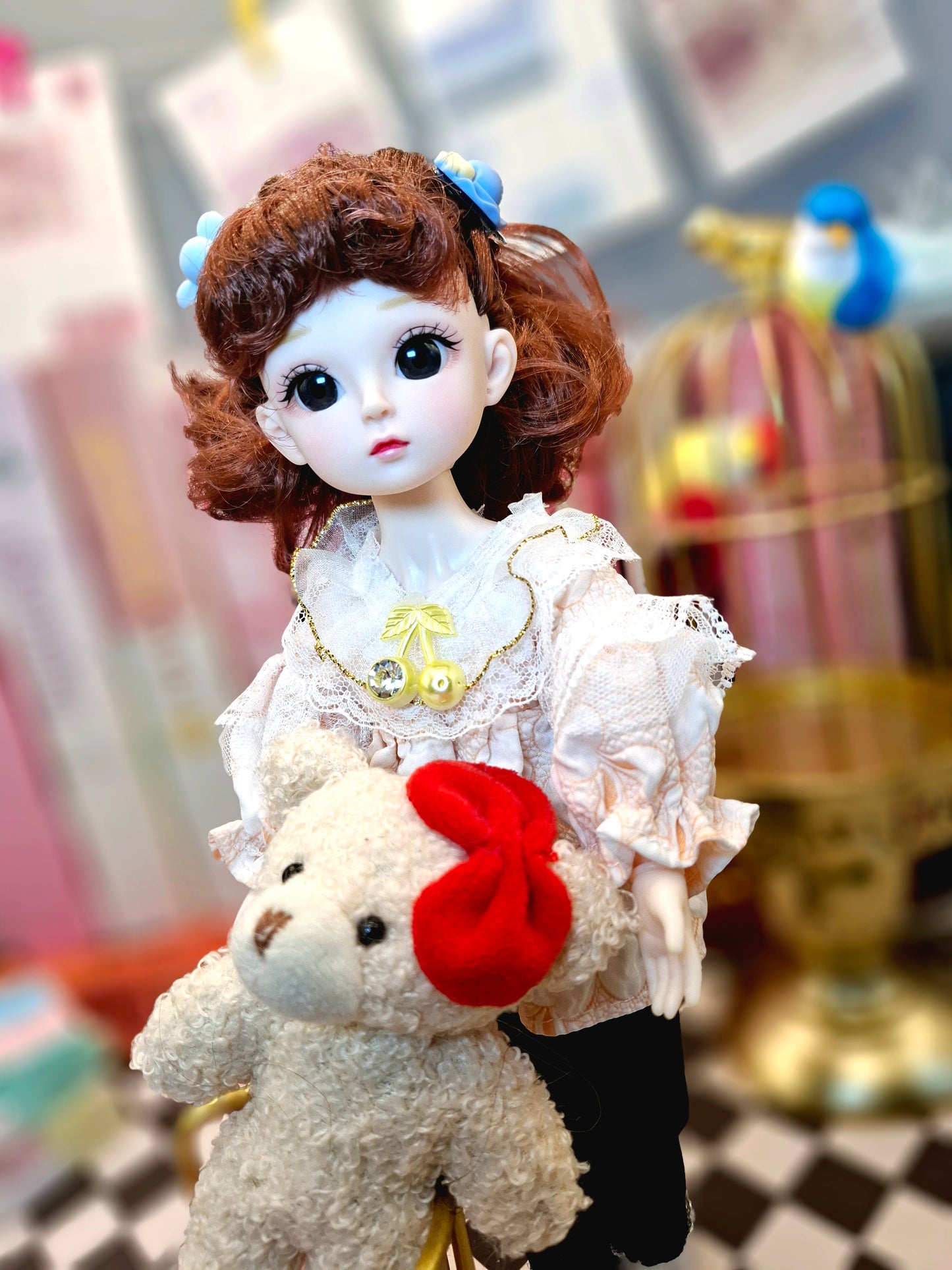 Cute brunette with curly wavy hair in lace top 30cm BJD doll