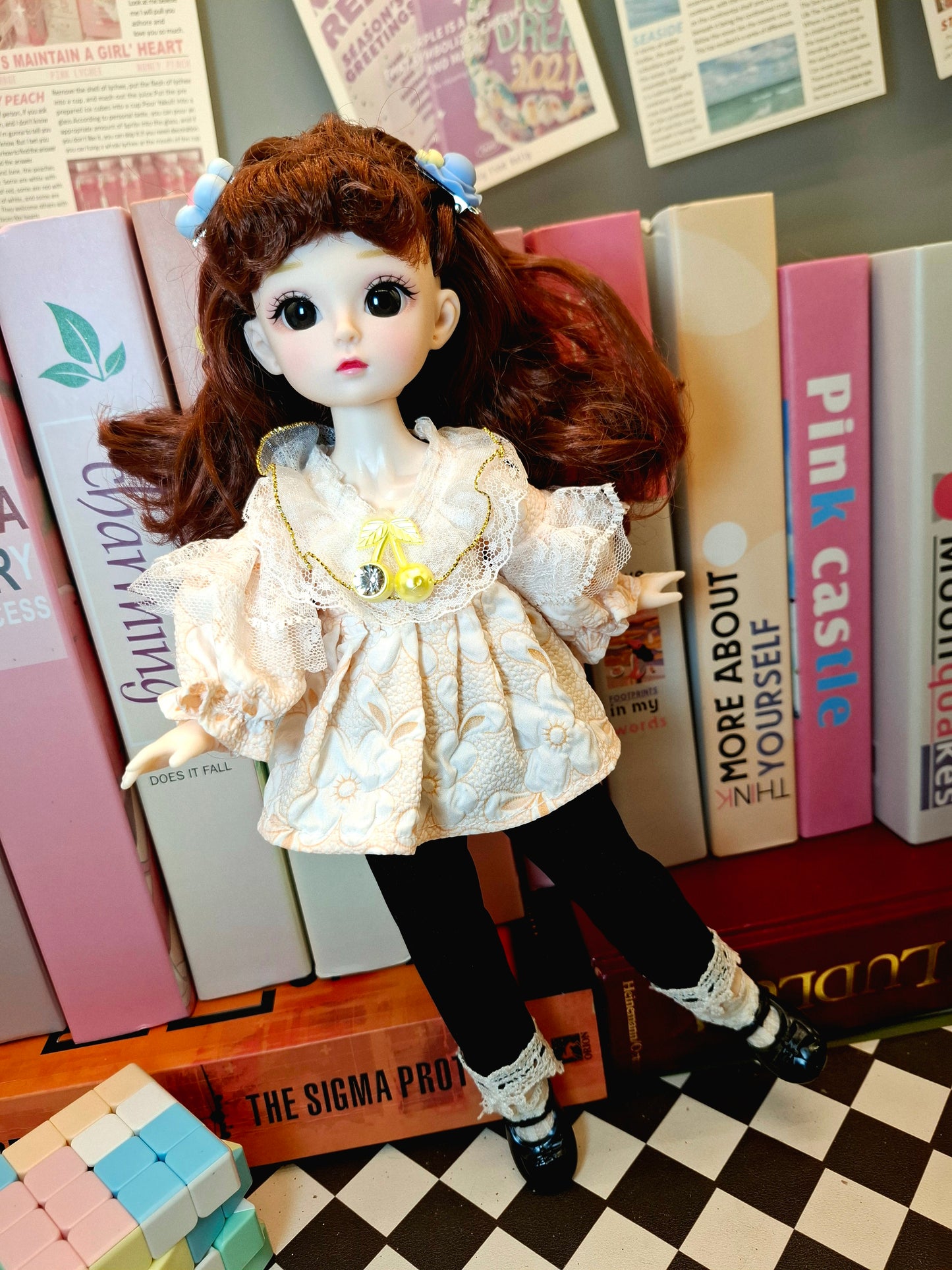 Cute brunette with curly wavy hair in lace top 30cm BJD doll
