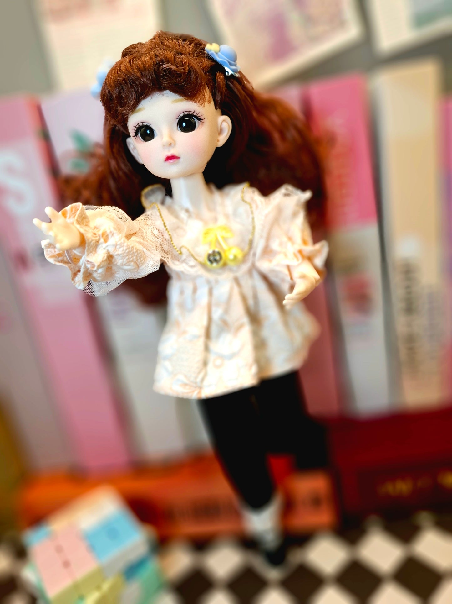 Cute brunette with curly wavy hair in lace top 30cm BJD doll