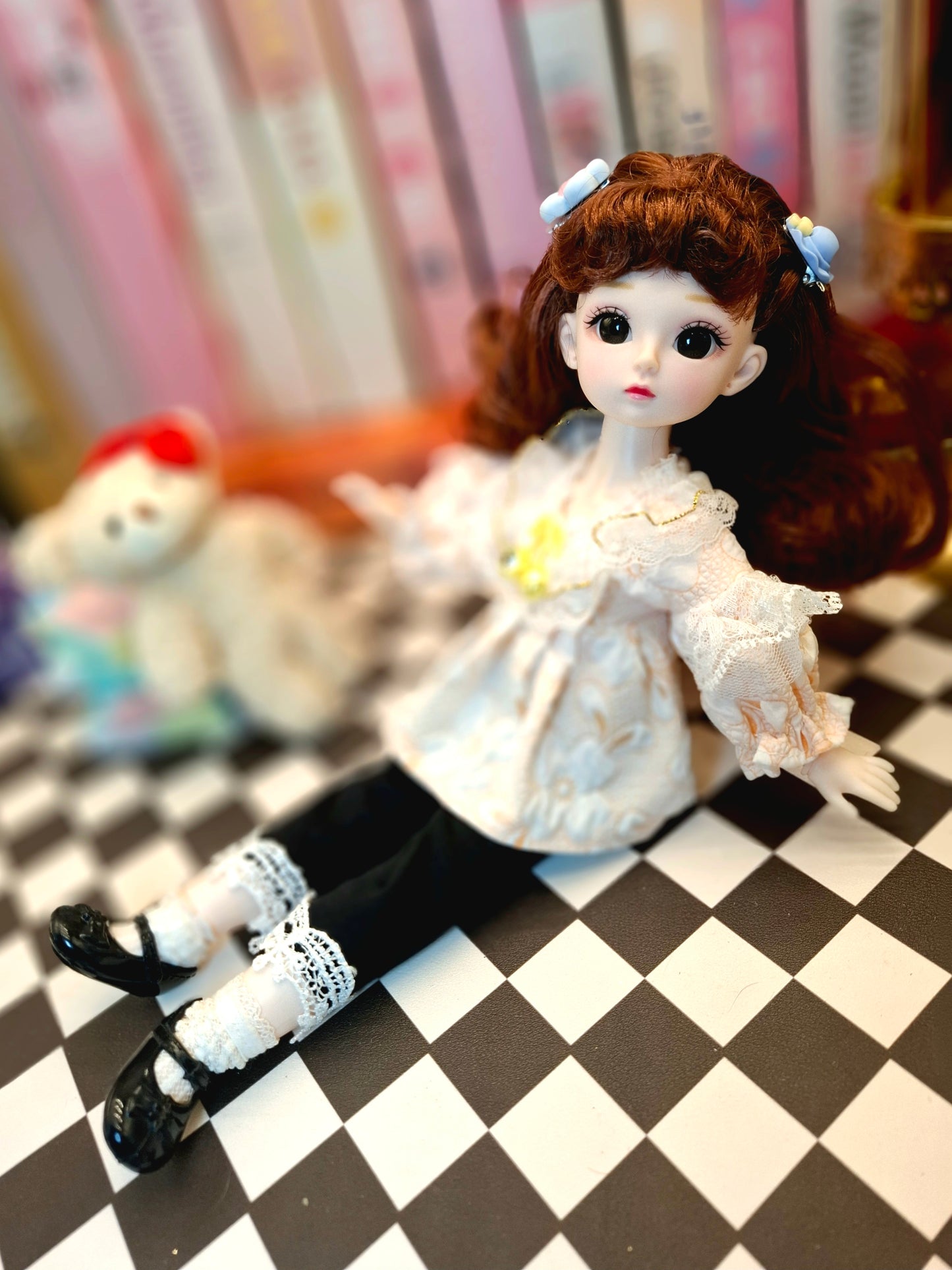 Cute brunette with curly wavy hair in lace top 30cm BJD doll