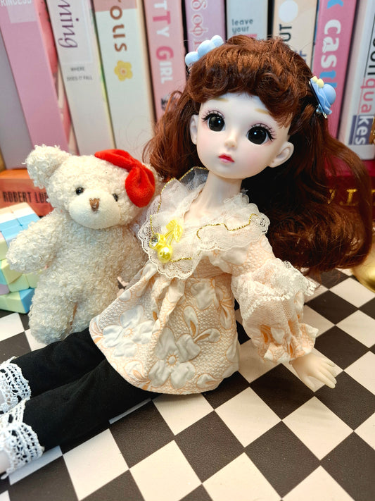 Cute brunette with curly wavy hair in lace top 30cm BJD doll
