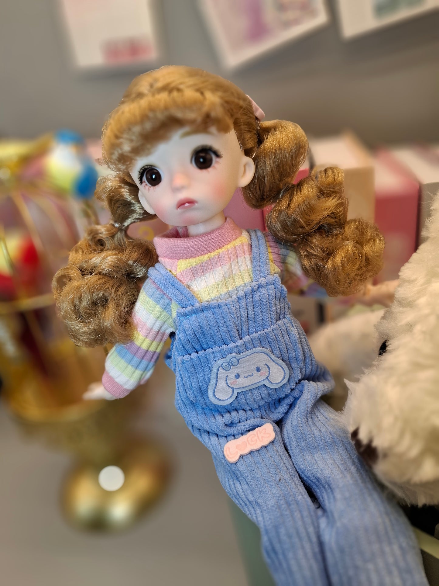 Golden blonde cutie in blue overall 30cm BJD doll