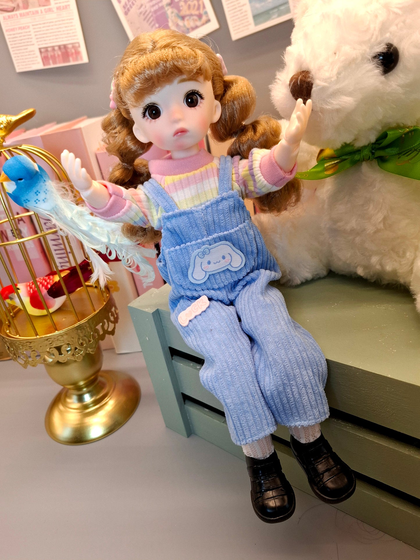 Golden blonde cutie in blue overall 30cm BJD doll