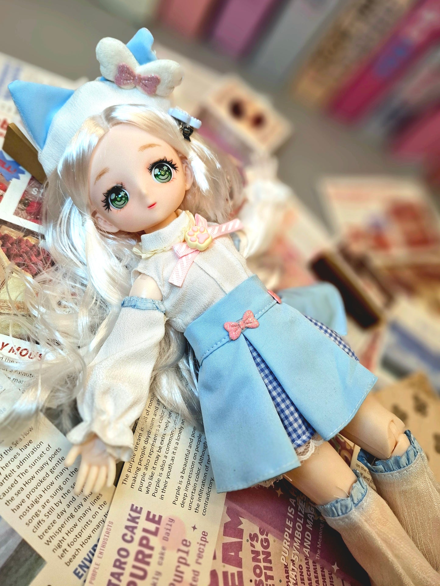 Silky White Hair Anime Manga Doll Green Eyes 30cm BJD Doll