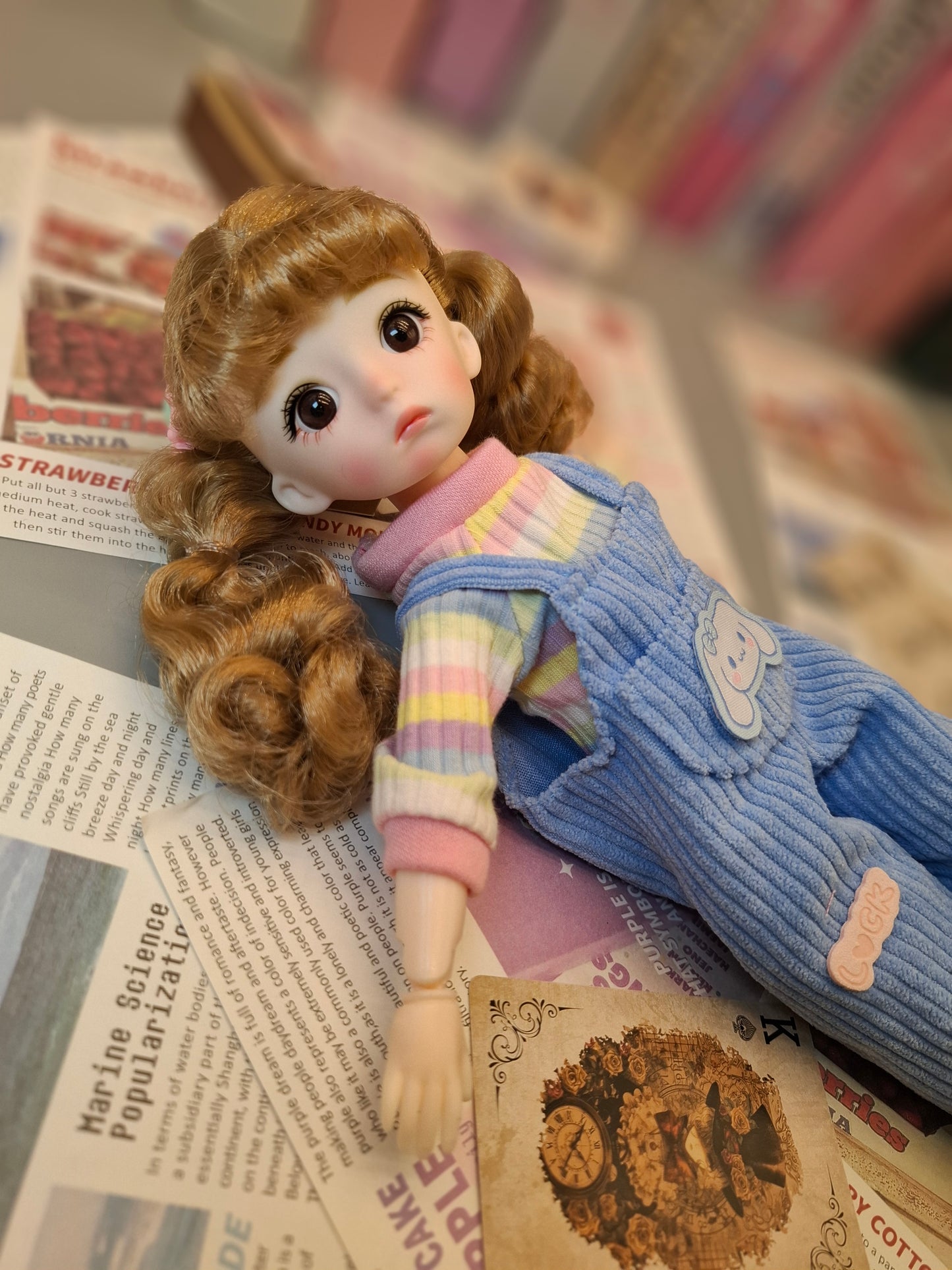 Golden blonde cutie in blue overall 30cm BJD doll
