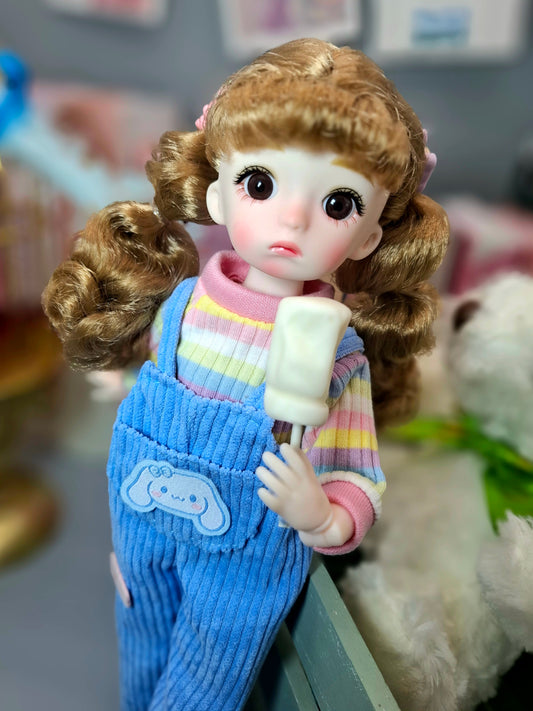 Golden blonde cutie in blue overall 30cm BJD doll