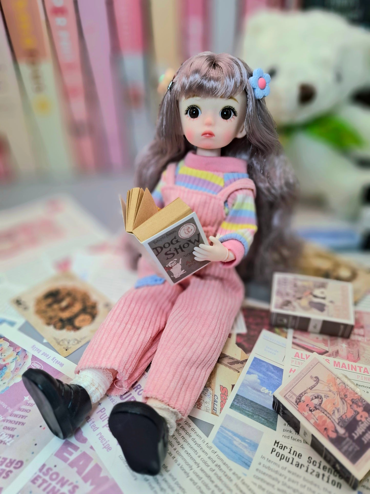 Golden blonde cutie in pink overall 30cm BJD doll