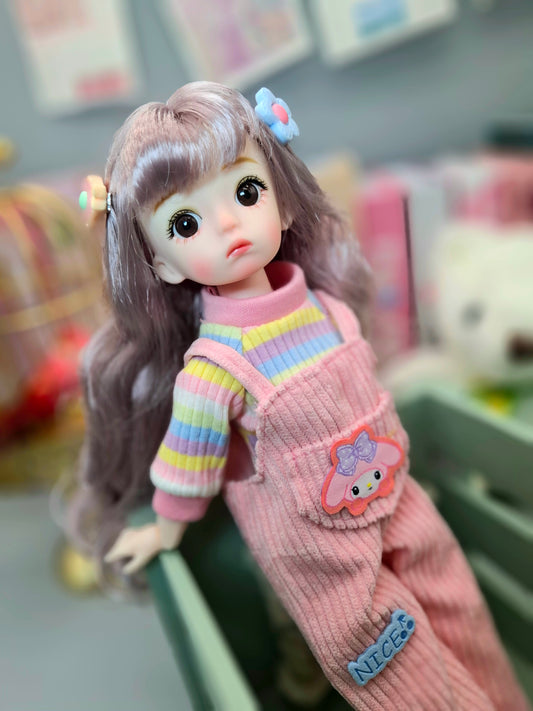 Golden blonde cutie in pink overall 30cm BJD doll