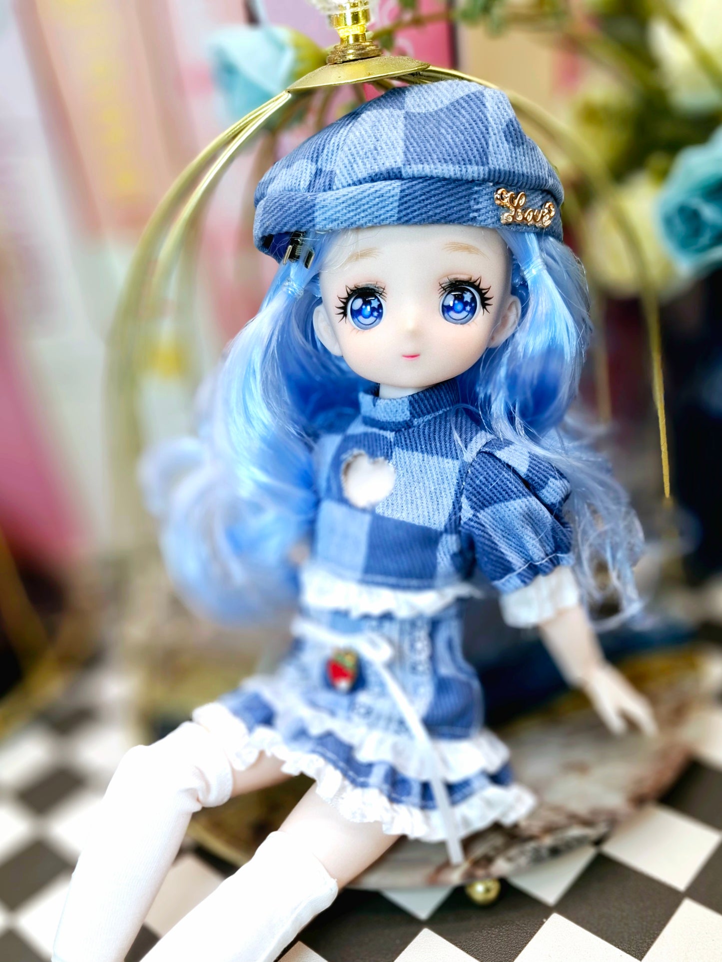 Blue Hair Anime Manga Doll in Blue Jeans 30cm BJD Doll