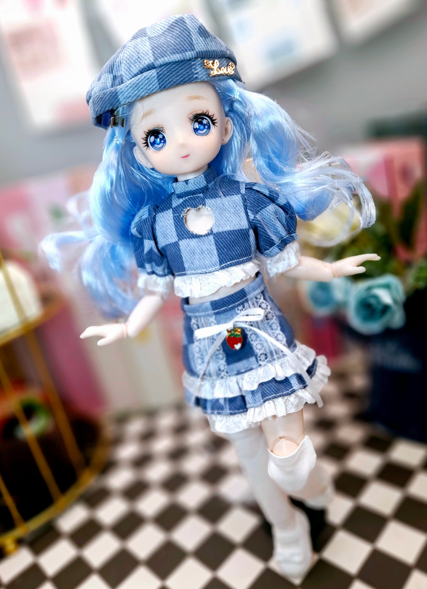 Blue Hair Anime Manga Doll in Blue Jeans 30cm BJD Doll