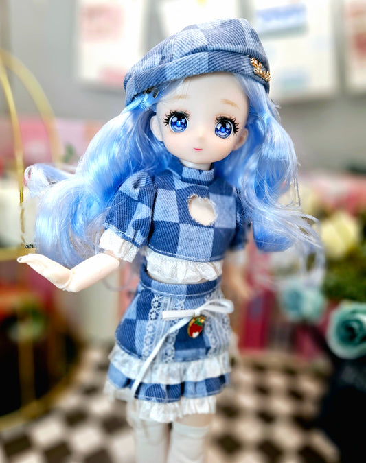 Blue Hair Anime Manga Doll in Blue Jeans 30cm BJD Doll