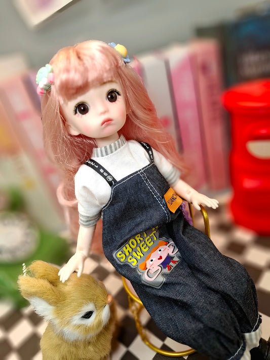 Pink hair cutie in blue jeans overall 30cm BJD doll